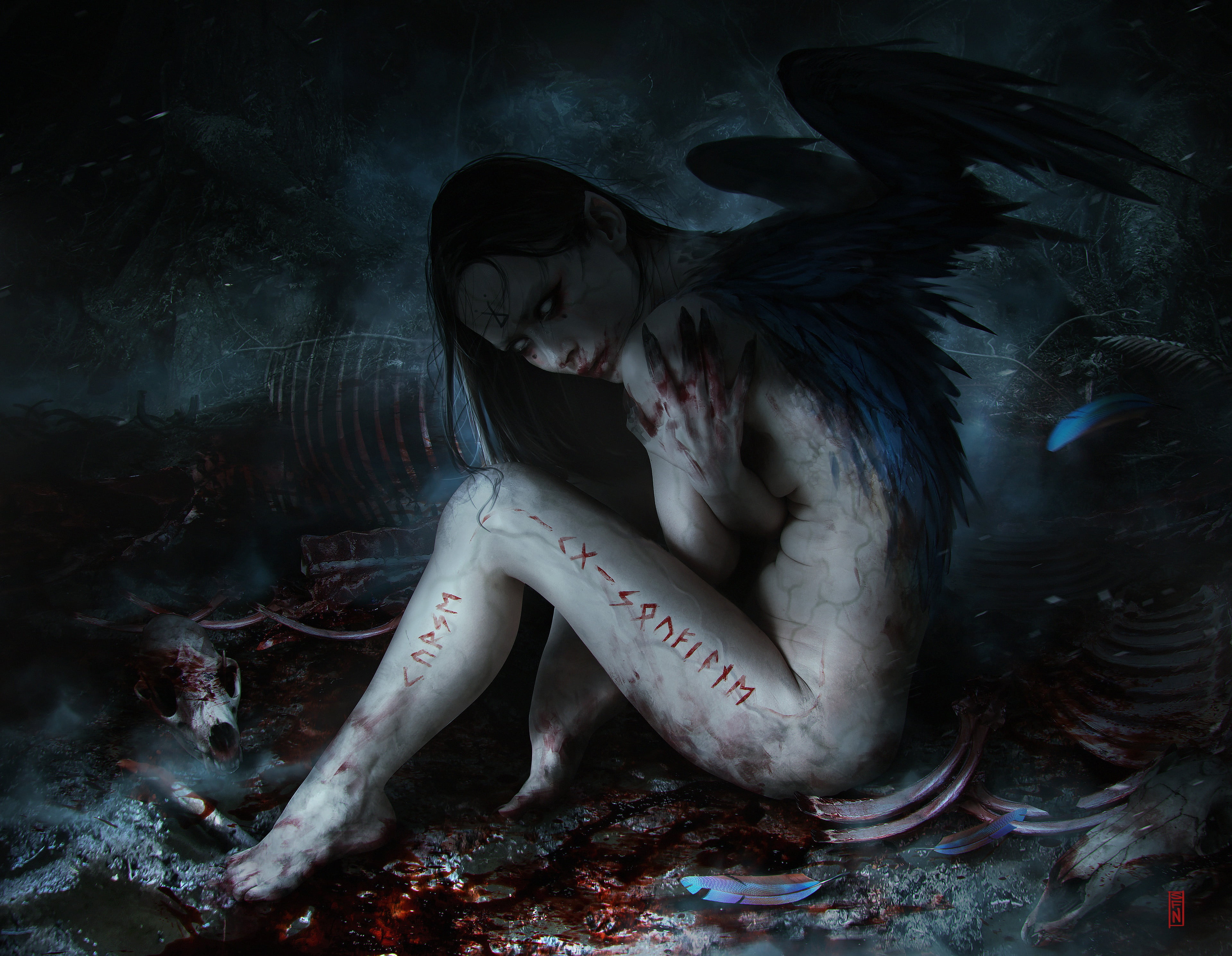 fallen angel, bones, look, dark fantasy, fantasy, 4K, art, HD Wallpaper