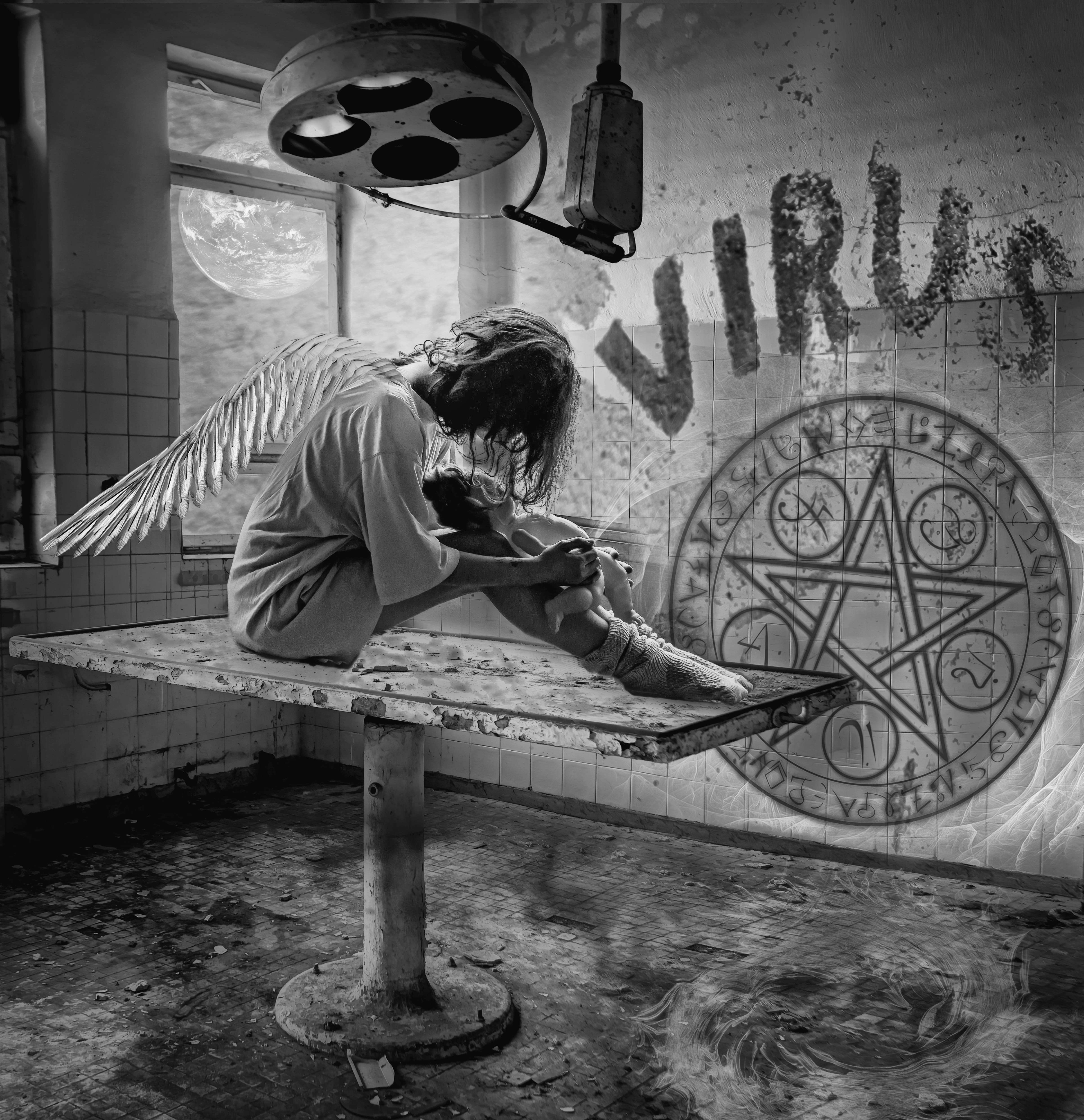 feather, art and craft, graffiti, full length, female, favor, table, craft, wall - building feature, real people, side view, angel, black and white, mystical, Phone HD Wallpaper