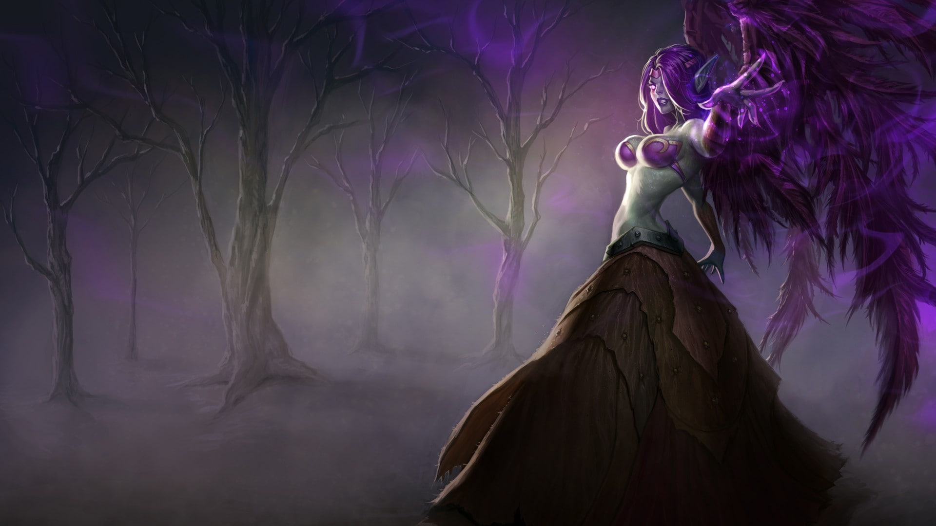 fallen, long, video, purple, league, legends, hair, angel, wings, ears, morgana, games, women, 1080P, HD Wallpaper