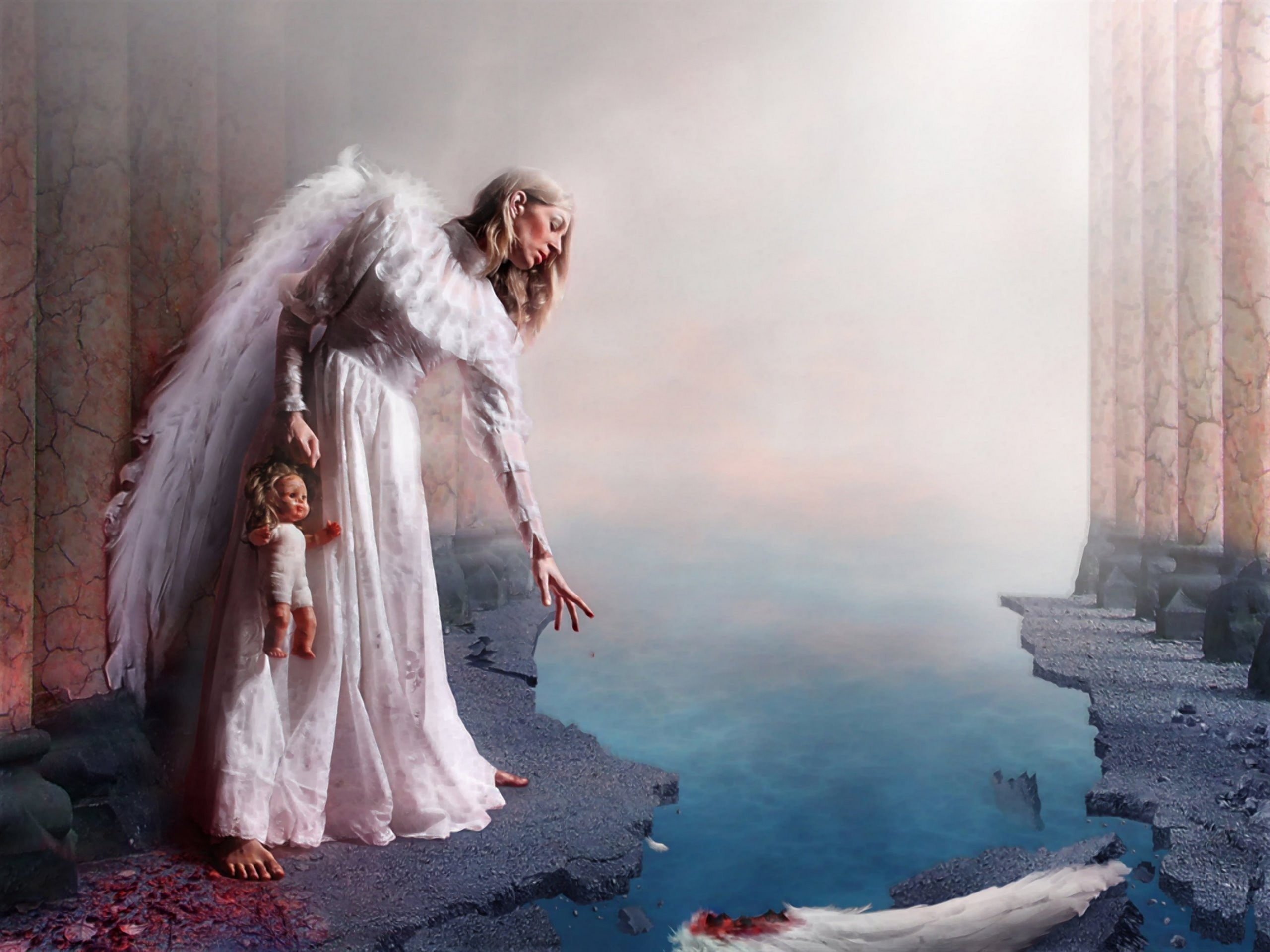 angel, Dark, fantasy, 2K, doll, blood, Sad, females, sorrow, wings, toys, women, art, horror, mood, fallen, HD Wallpaper