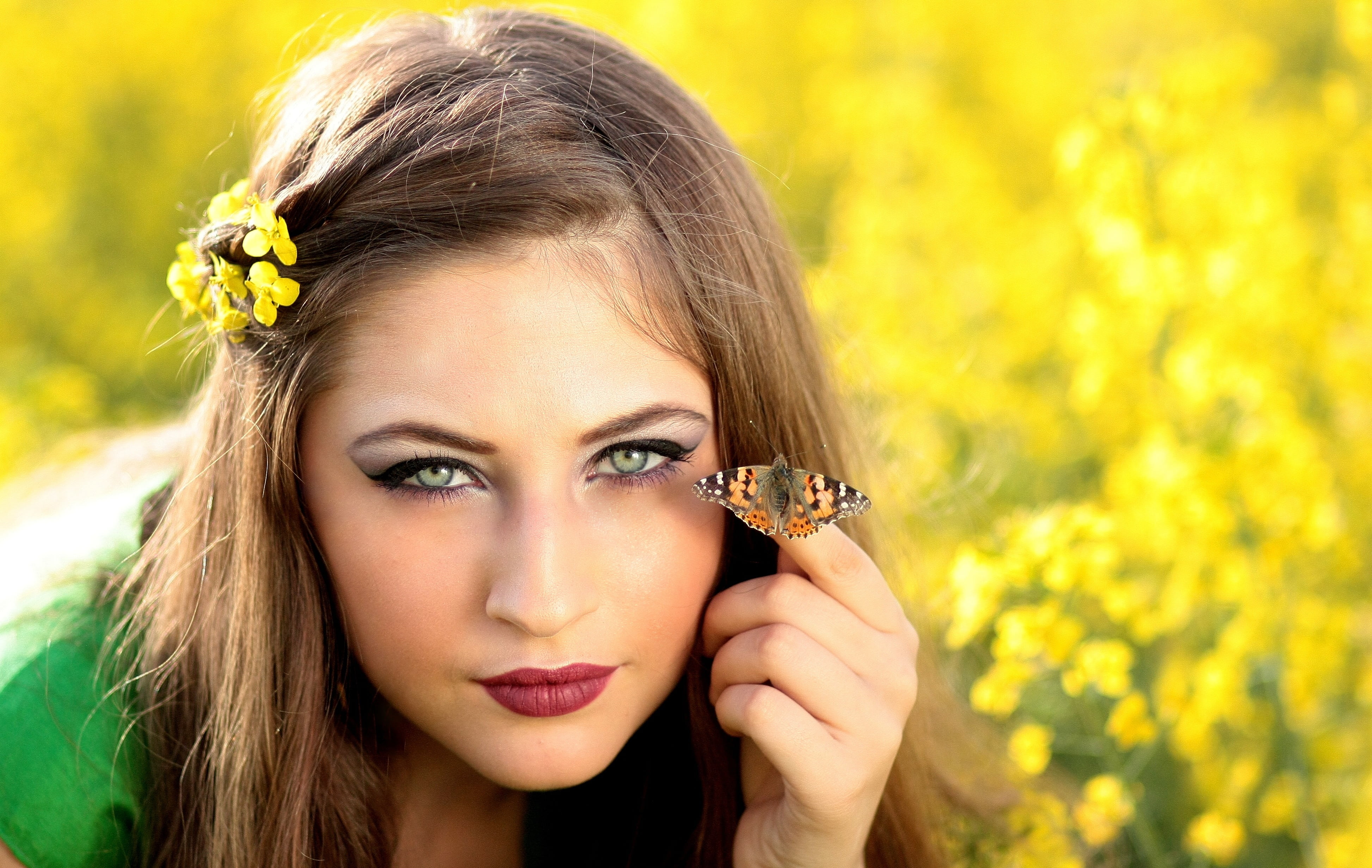 hand, flowering plant, green, 4K, young women, looking at camera, flowers, one person, wearing, black, hairstyle, young Adult, long hair, human Face, women, HD Wallpaper