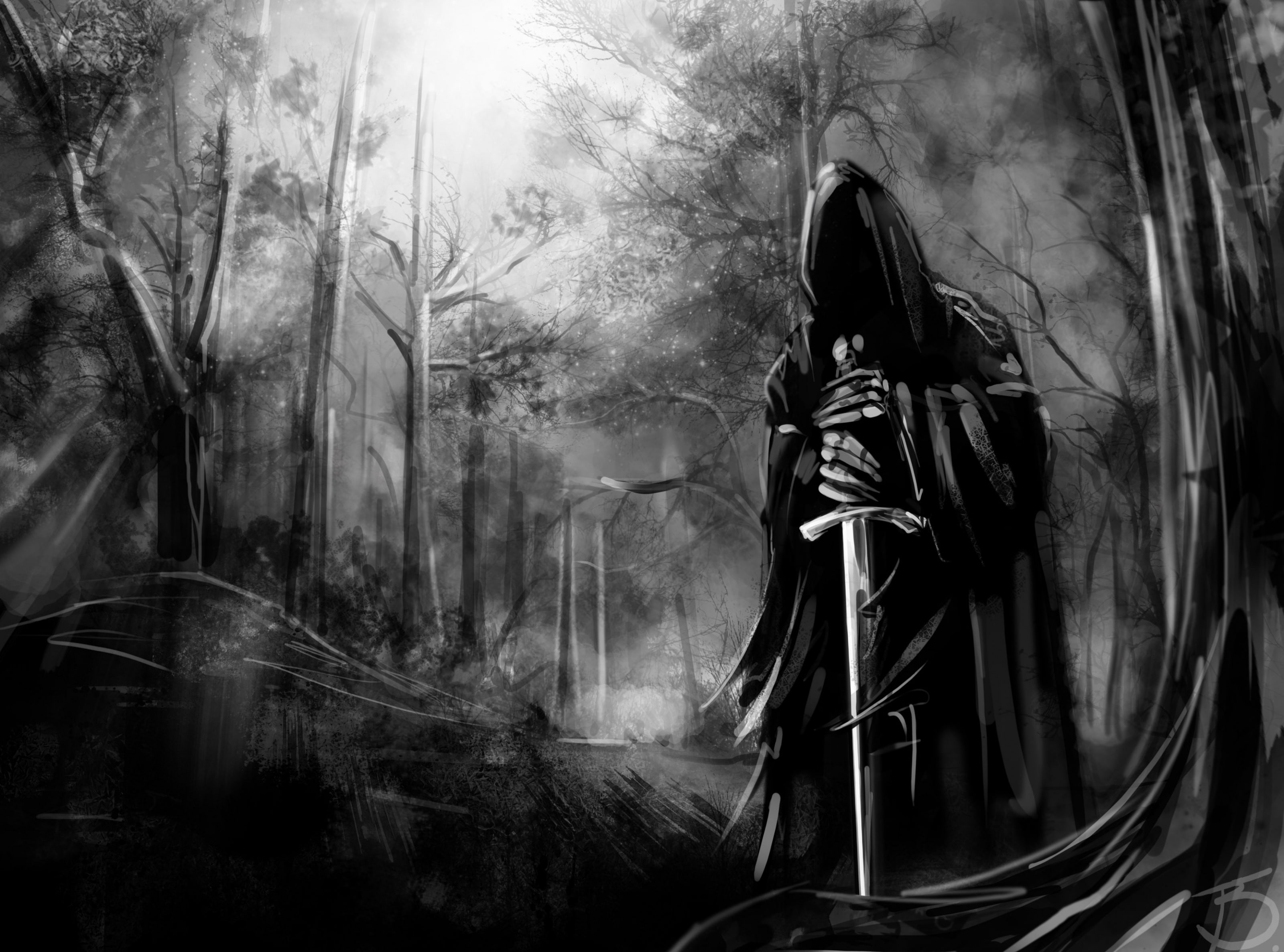 lifestyles, three quarter length, hood - clothing, sword, hood, nature, Fantasy, clothing, digital, holding, Artistic, woodland, day, one person, land, HD Wallpaper