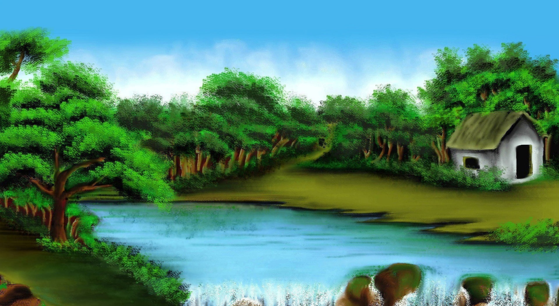 painting, beautiful, tranquility, nature, day, green color, scenics - nature, sky, water, tree, lake, near, tranquil scene, 1080P, growth, Drawings, beauty in nature, HD Wallpaper