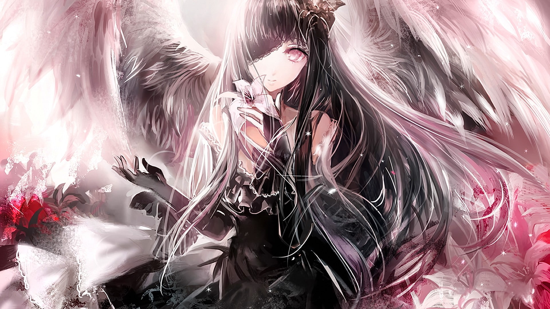 arts culture and entertainment, anime girls, feather, motion, black hair, 1080P, white background, softness, looking at viewer, real people, close-up, HD Wallpaper