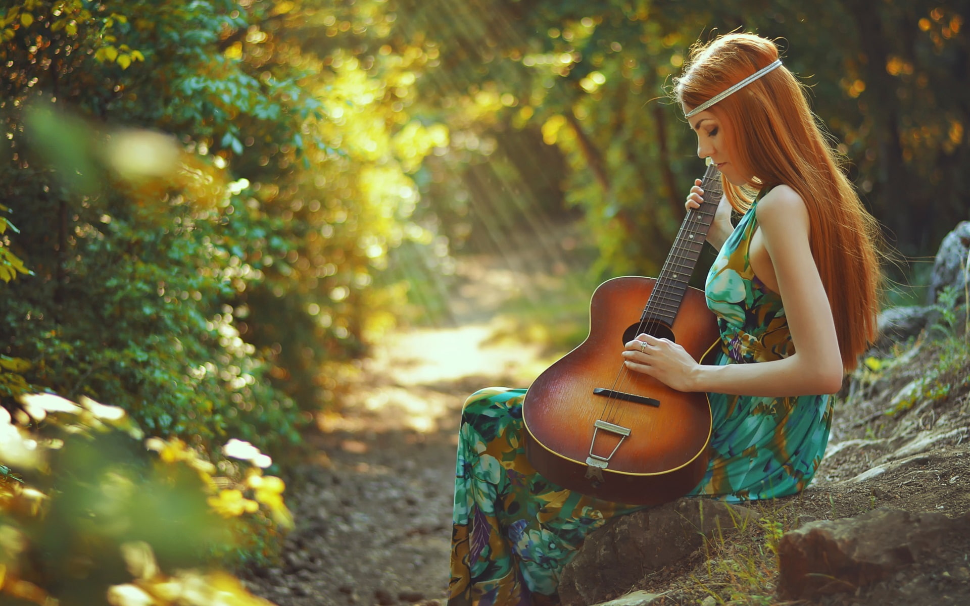 Forest, Guitar, Redhead, Rays, Girl, 1080P, Spring, Sun, HD Wallpaper