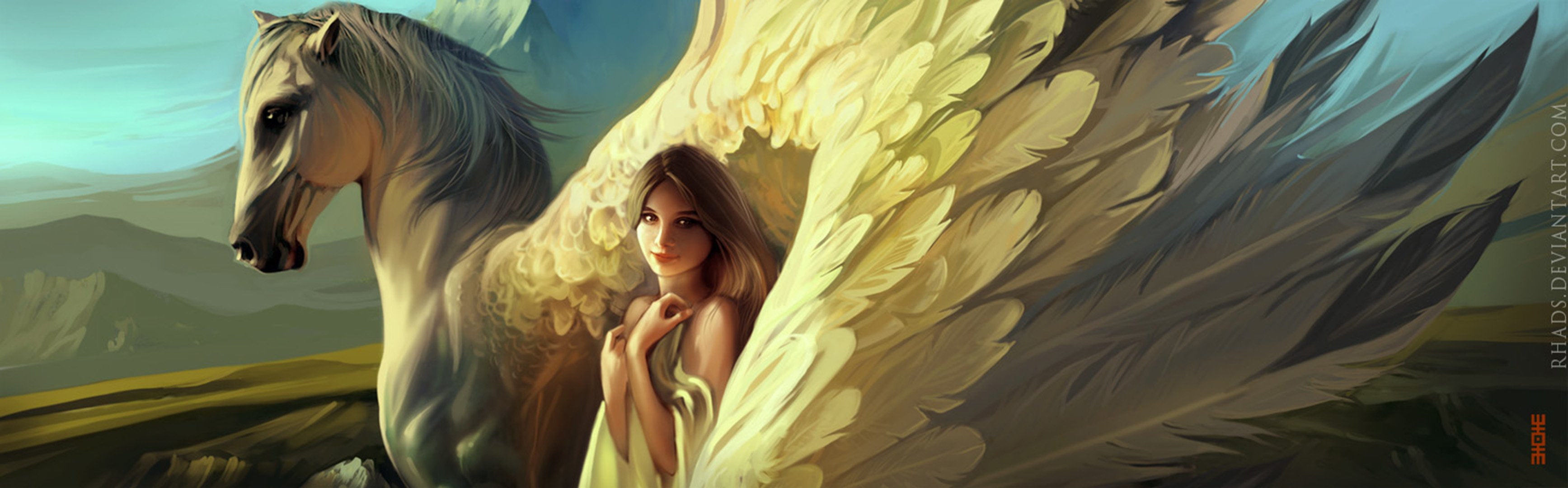 girl, blonde, beautiful, drawing, wings, 2K, pegasus, horse, HD Wallpaper