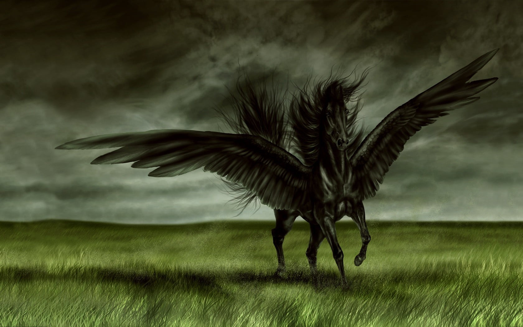 cloud - Sky, horse, grass, day, vertebrate, animal wildlife, animals in the wild, wings, outdoors, pegasus, nature, sky, plant, animal themes, painting, HD Wallpaper