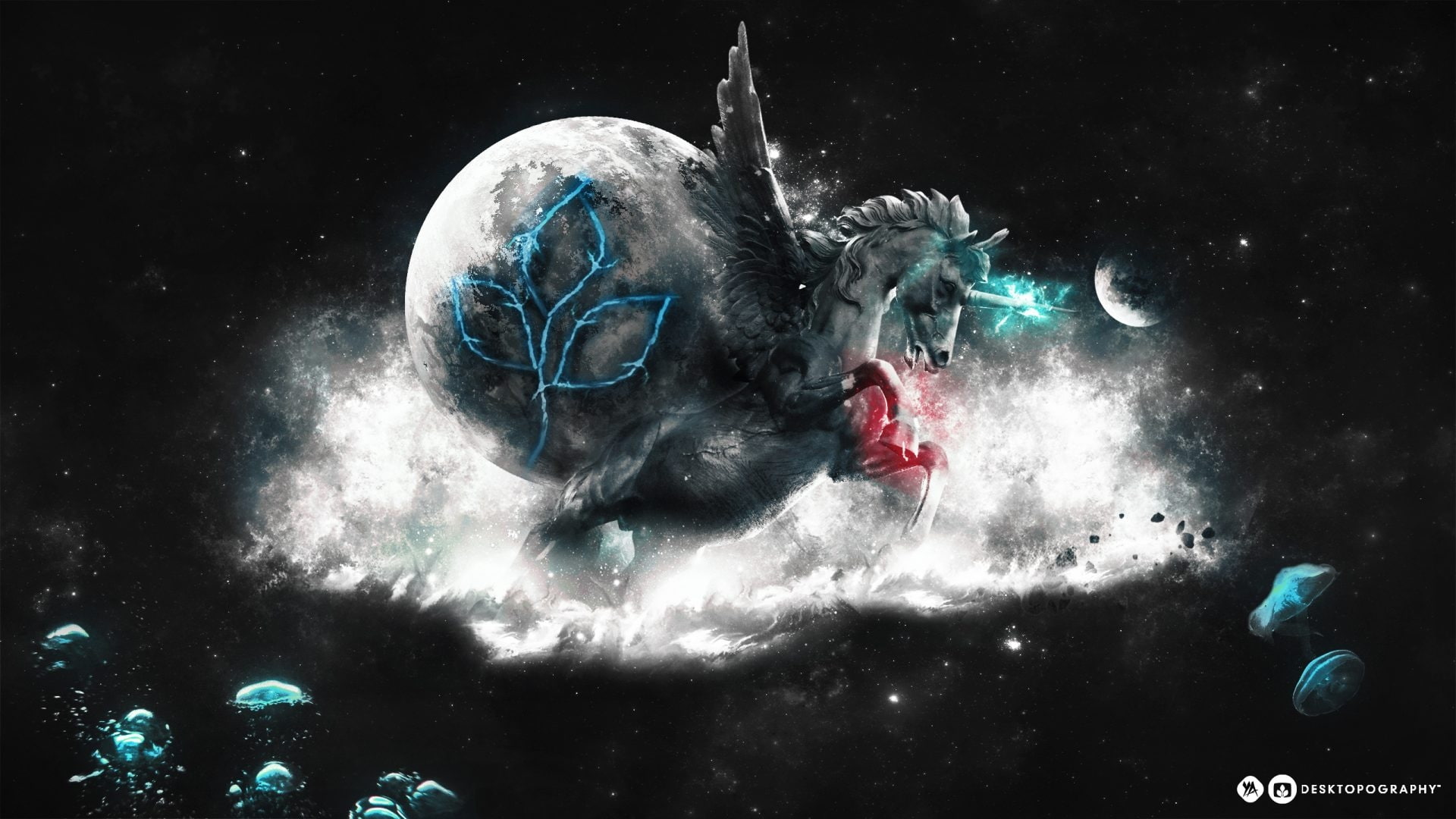 spirit, wings, pegasus, 1080P, creative, black, planet, Unicorn, desktopography, horse, fantasy, HD Wallpaper