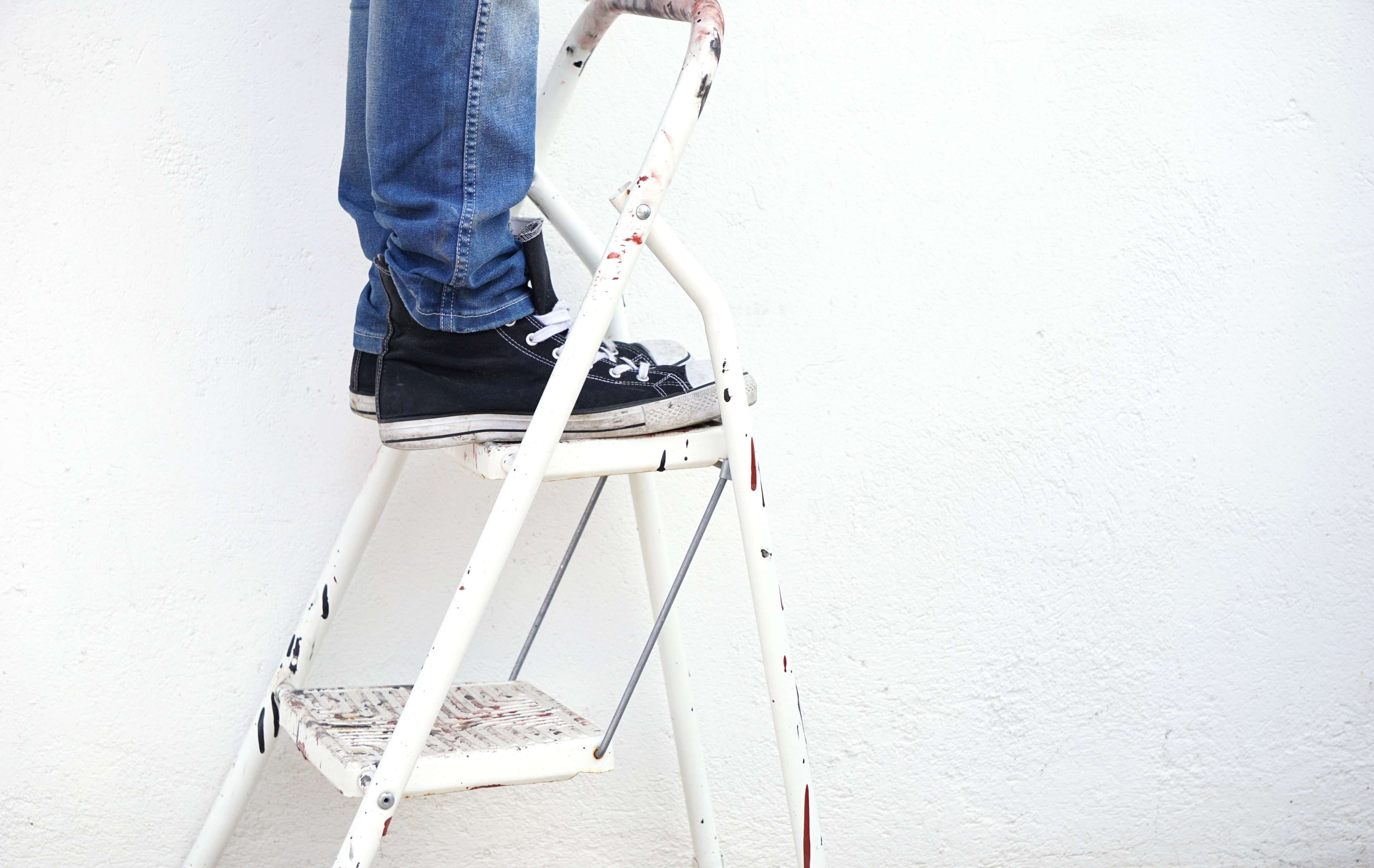 human leg, lifestyles, step ladder, human limb, indoors, painter, wall, shoe, human foot, body part, renovation, do it yourself, home improvement, architecture, HD Wallpaper
