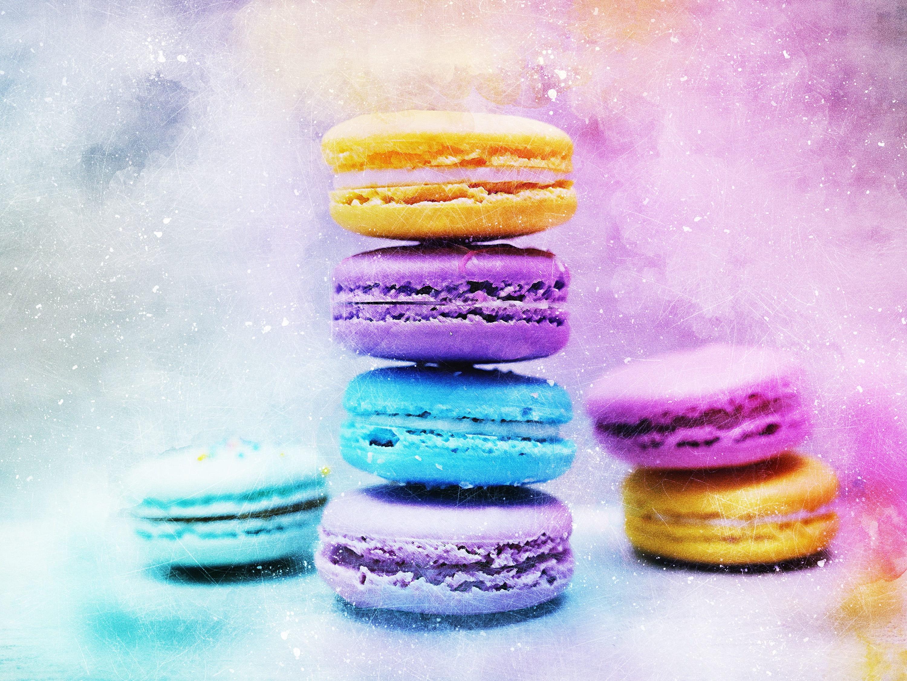 sweet, vintage, group of objects, artistic, macaroons, studio shot, t-shirt, food, close-up, indulgence, paint splatter, design, no people, baked, assorted, HD Wallpaper