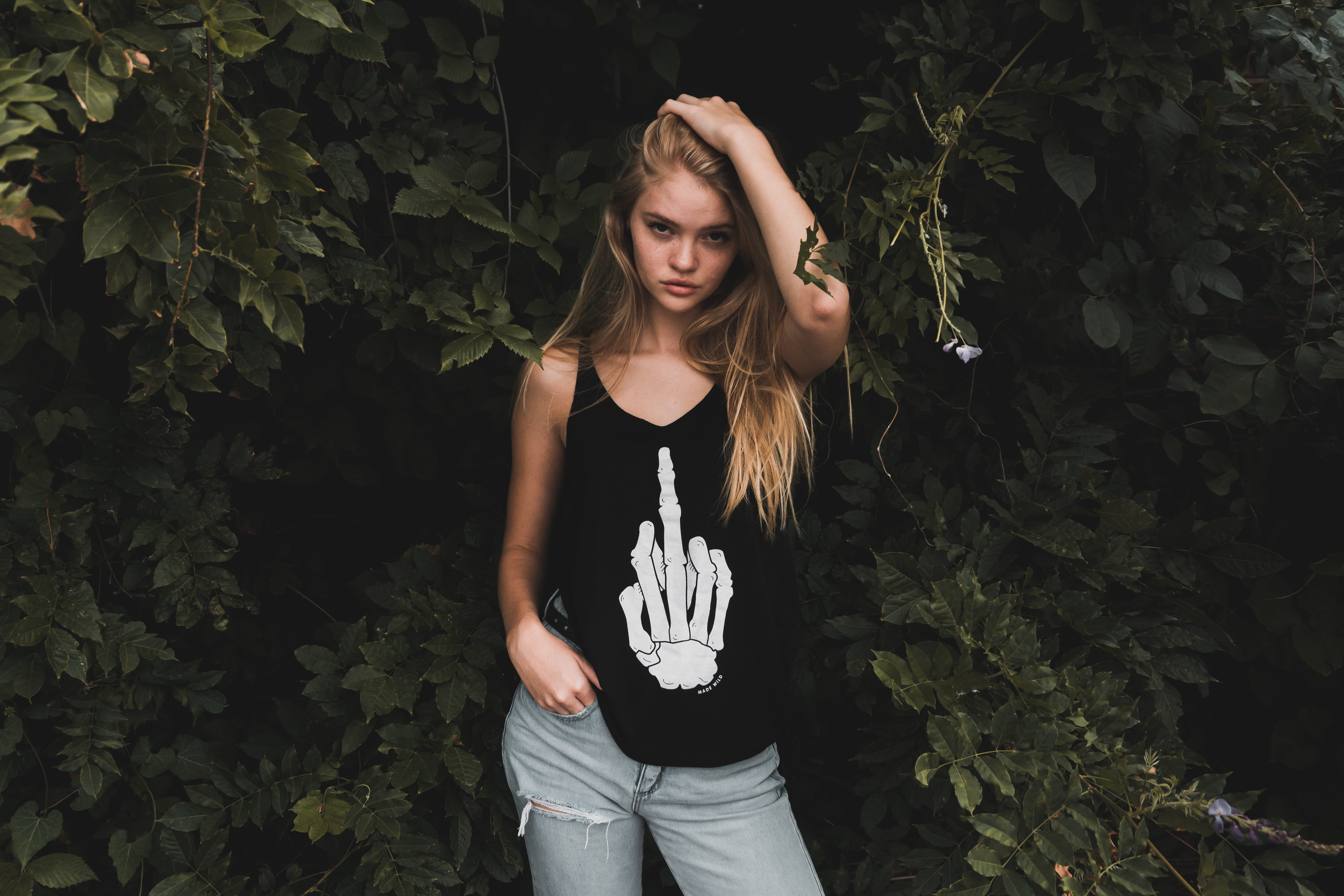 behind, shirt, female model, leaf, top, green, chick, young women, fashion, hair, women, nature, leisure activity, model, fresh, t-shirt design, portrait, HD Wallpaper