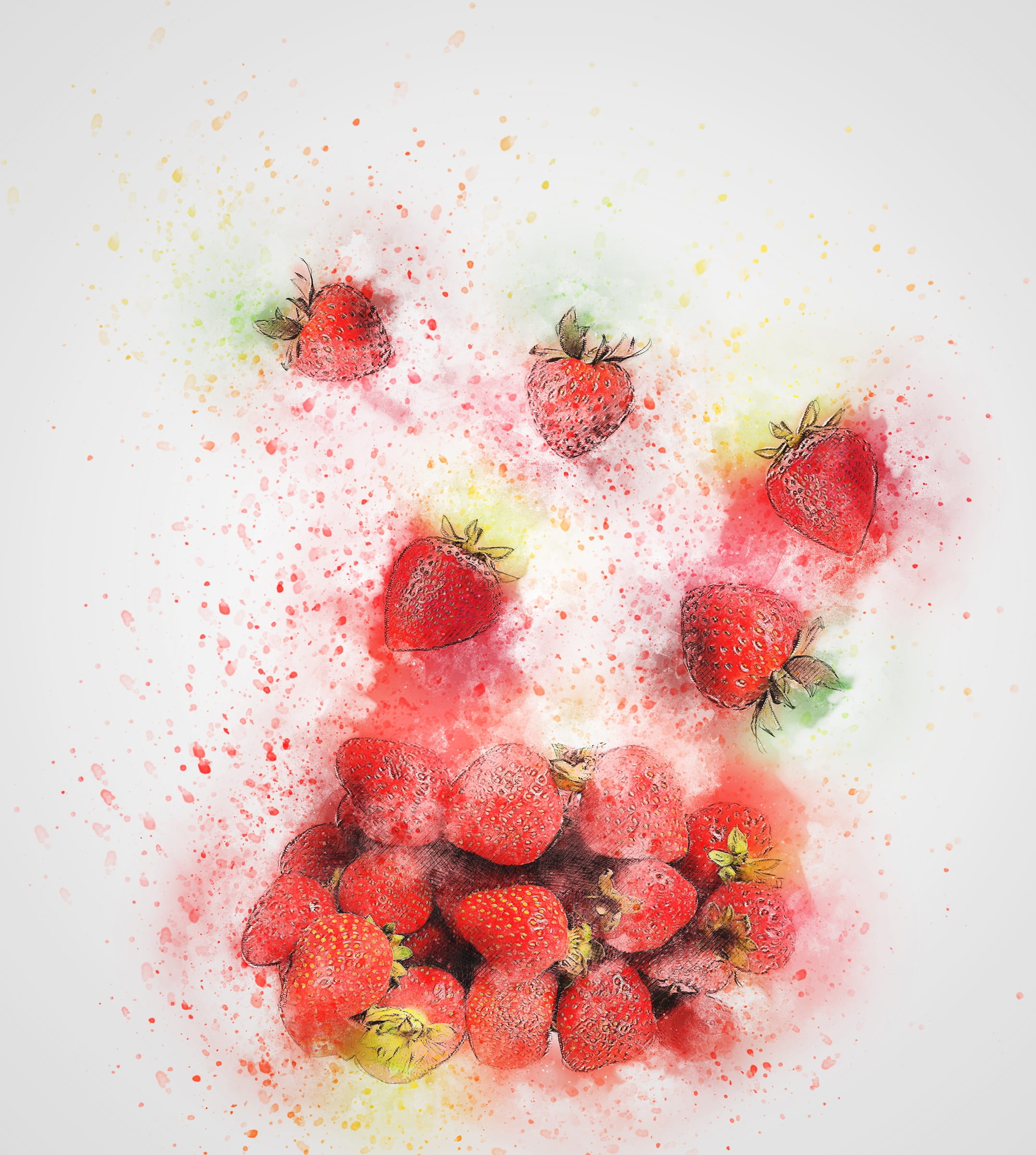 nature, freshness, pink color, scrapbooking, abstract, red, directly above, temptation, white background, paint splatter, healthy eating, strawberries, Phone HD Wallpaper