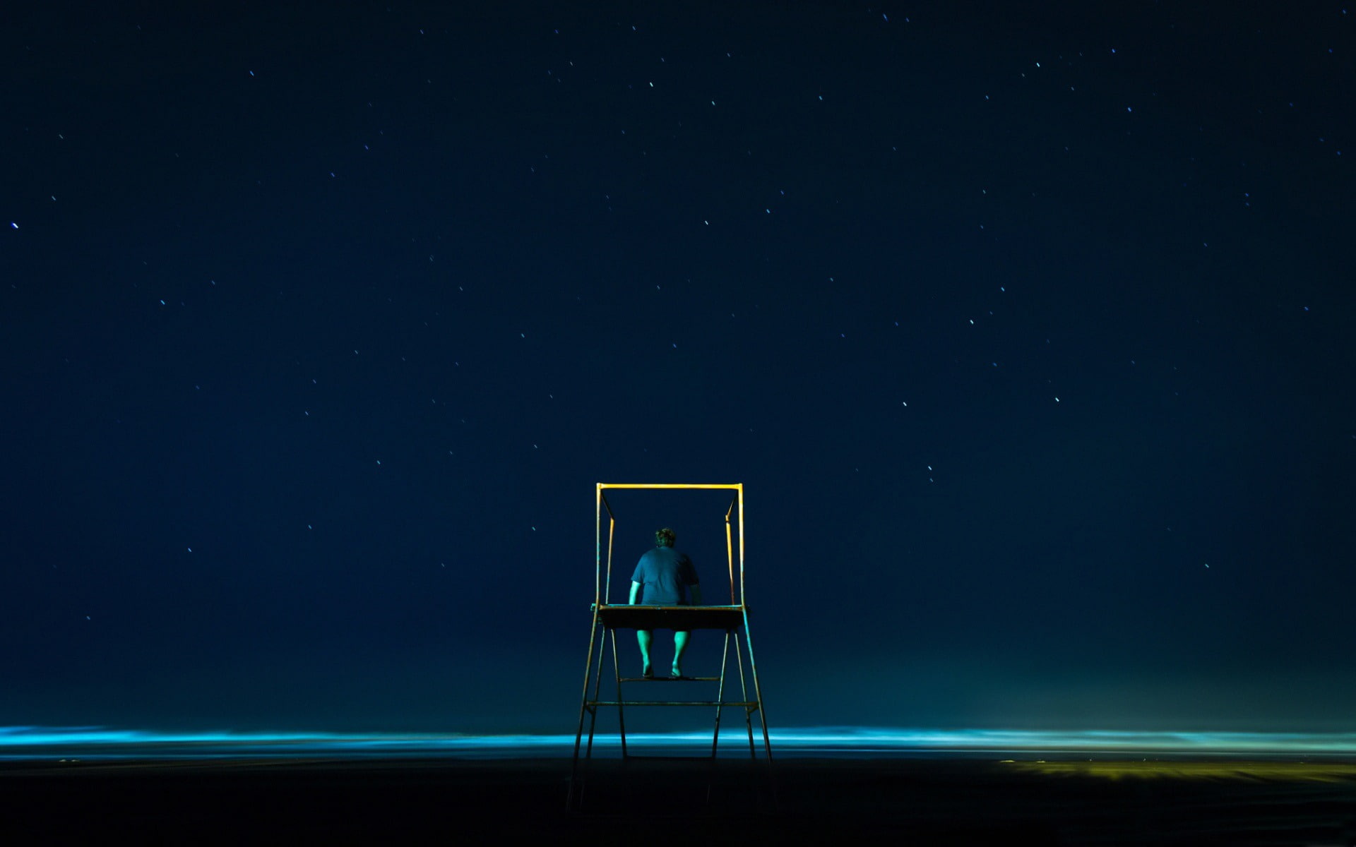 design, astronomy, tranquility, star - space, beauty in nature, land, one person, sky, ladder, horizon, deep, space, milky way, tranquil scene, water, seat, HD Wallpaper