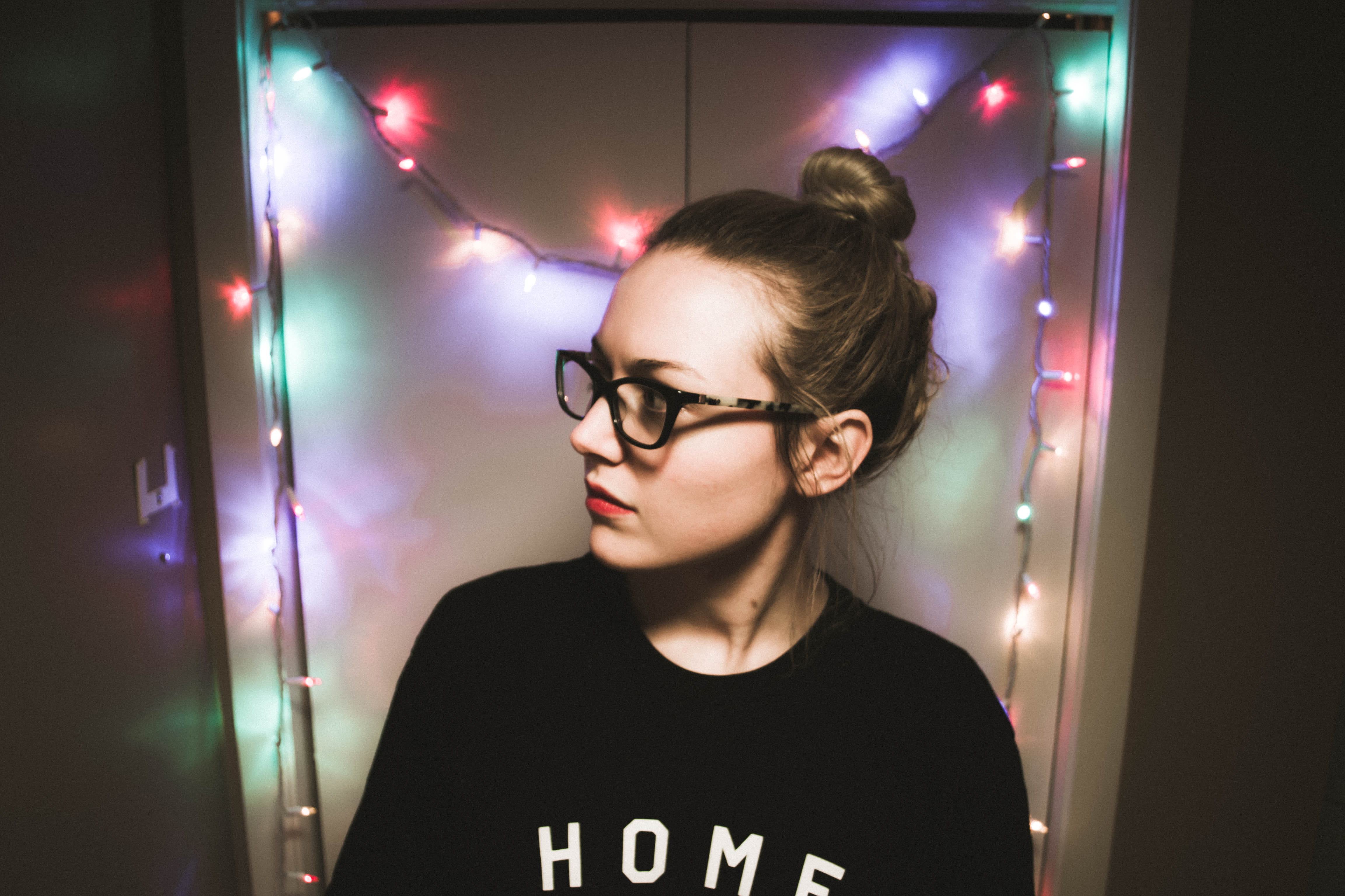 night, christmas lights, portrait, modeling, teenager, eyeglasses, indoors, headshot, glasses, nightclub, woman wearing glasses, music, light - natural phenomenon, HD Wallpaper