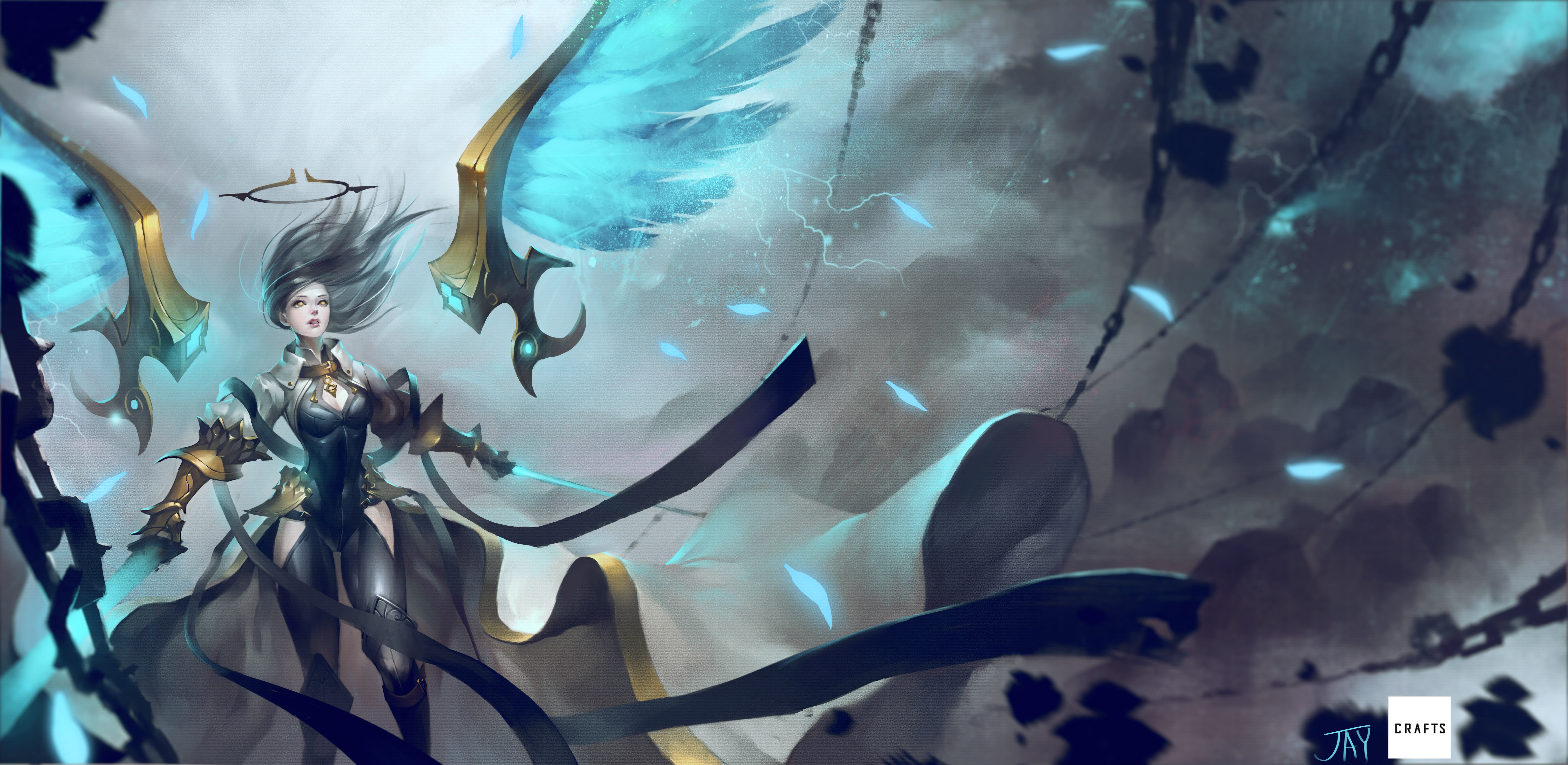 sword, anime girls, anime, wings, open shirt, gray hair, long hair, weapon, 5K, armor, yellow eyes, HD Wallpaper