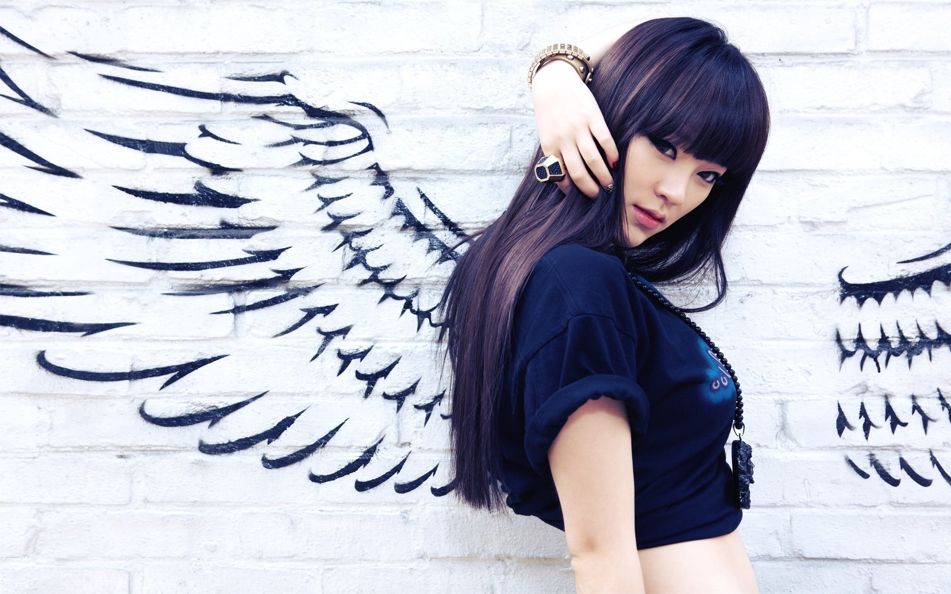 front view, young adult, Korean, wall - building feature, black, behind, Asian, EvoL, one person, woman, selfie, leisure activity, taking, graffiti, hair, HD Wallpaper