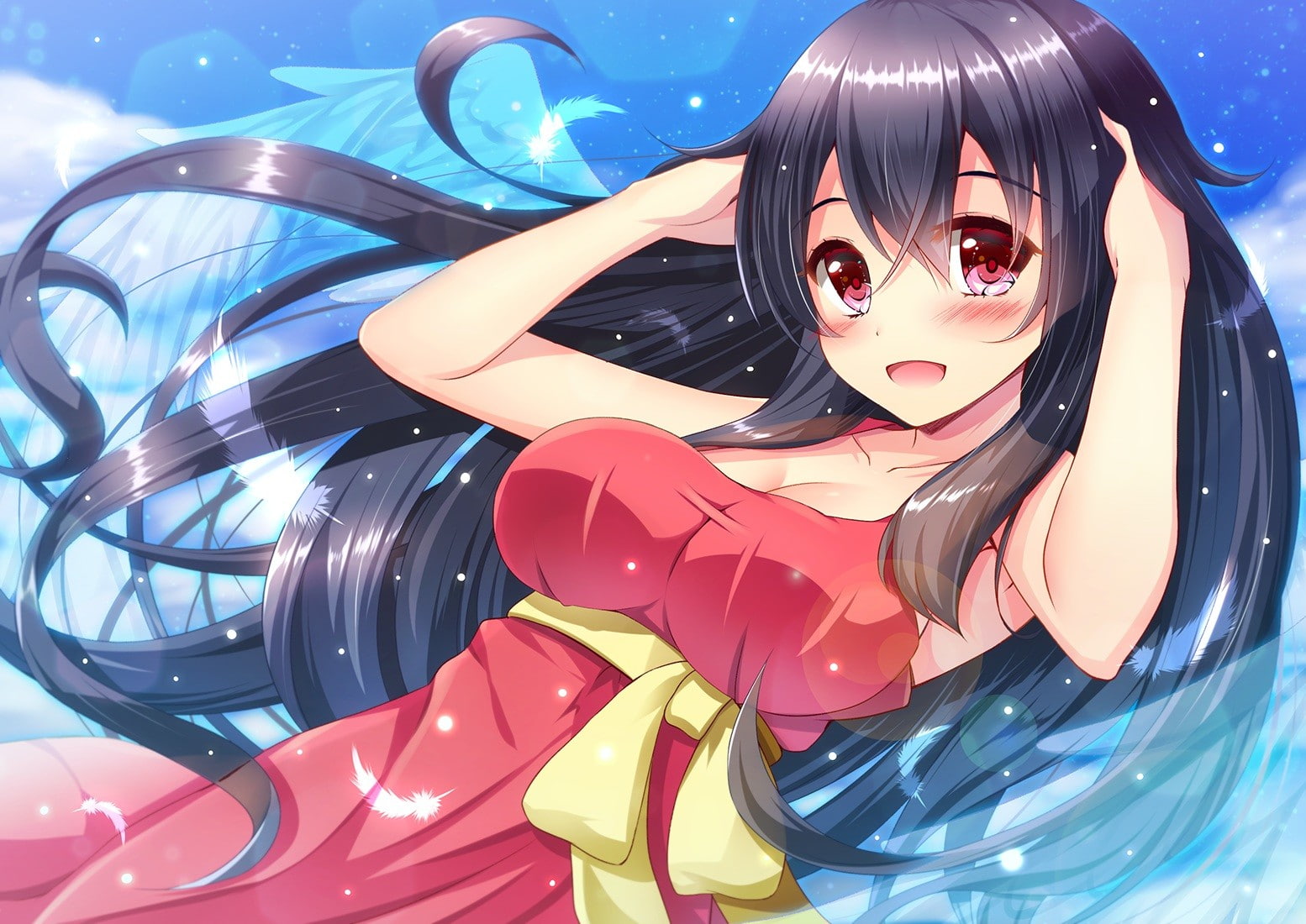 cleavage, 720P, open shirt, anime girls, wings, sky, black hair, anime, red eyes, long hair, dress, HD Wallpaper
