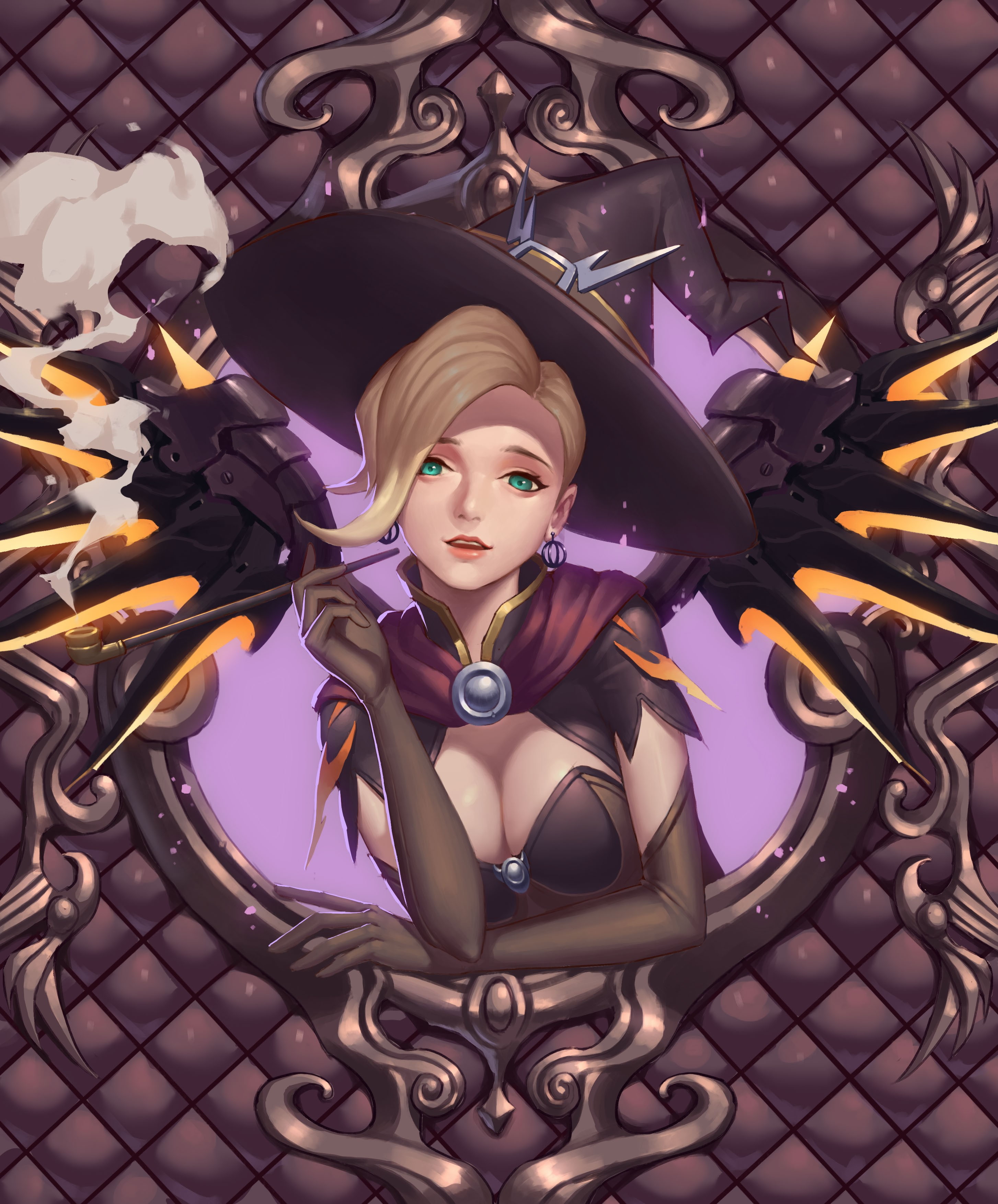 wings, Mercy (Overwatch), Overwatch, anime girls, open shirt, smoking, witch, anime, Halloween, short hair, 2K, aqua eyes, witch hat, blonde, Phone HD Wallpaper