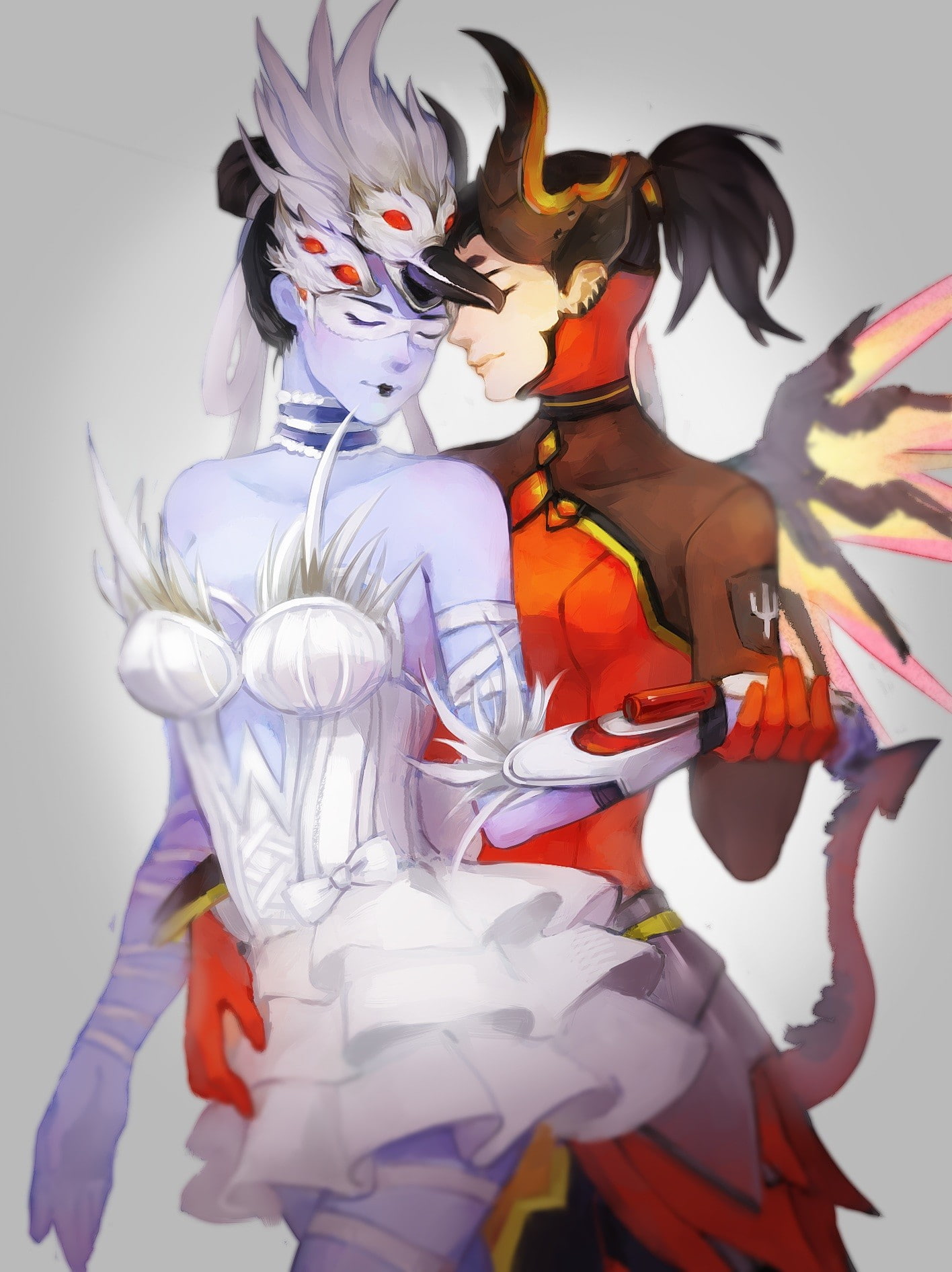 anime, horns, 720P, wings, dress, Widowmaker (Overwatch), tail, anime girls, Overwatch, Mercy (Overwatch), bodysuit, open shirt, Phone HD Wallpaper