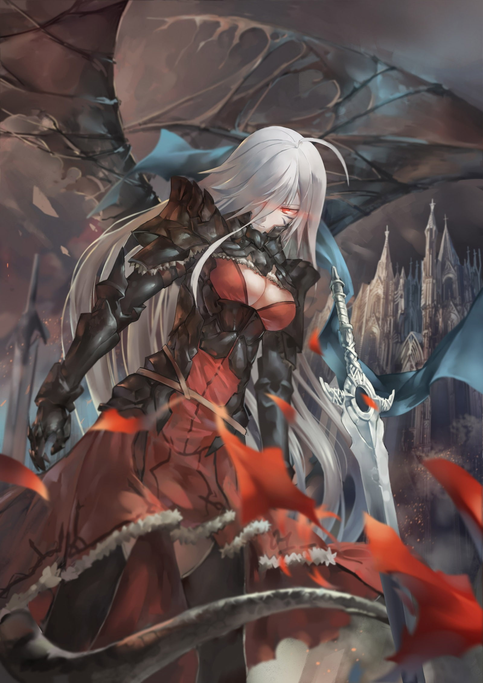 wings, anime girls, weapon, thigh-highs, tail, sword, red dress, open shirt, red eyes, long hair, white hair, armor, anime, 1080P, Phone HD Wallpaper
