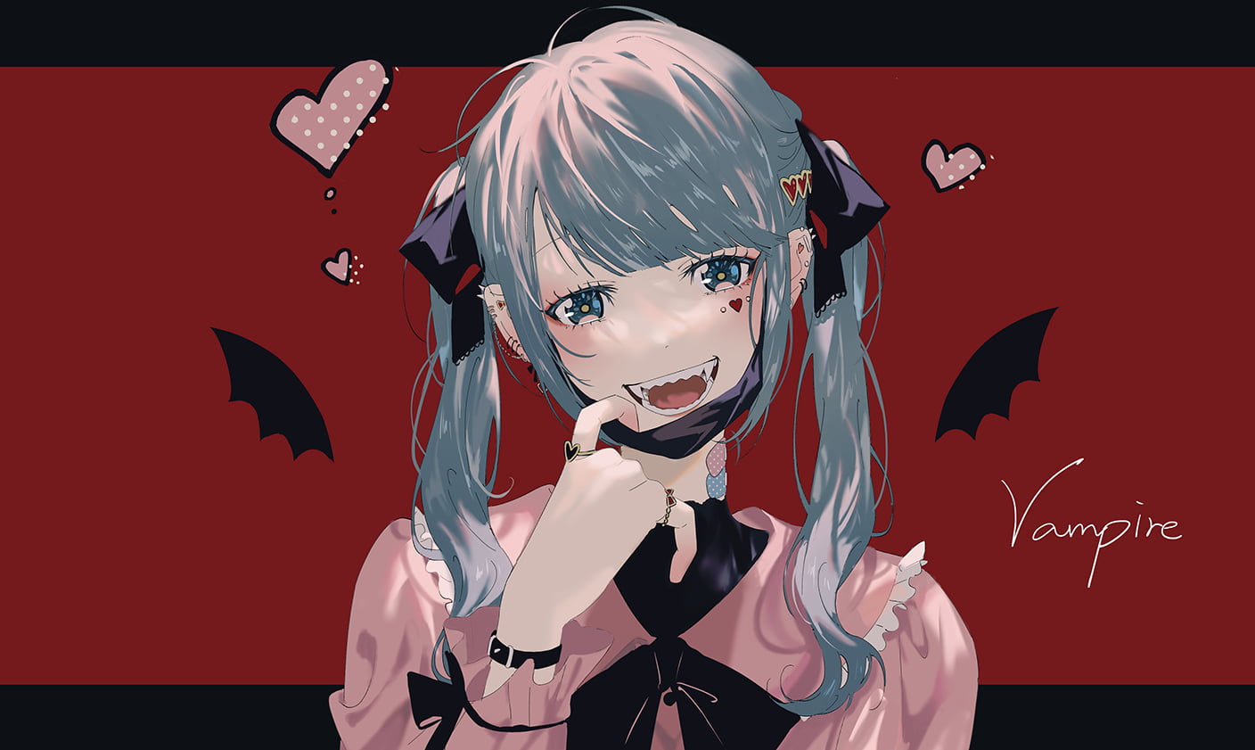 anime girls, Hatsune Miku, 720P, red background, frills, hair ornament, 2D, watch, vampires, piercing, long hair, twintails, Heart (Tattoo), smile, bangs, HD Wallpaper
