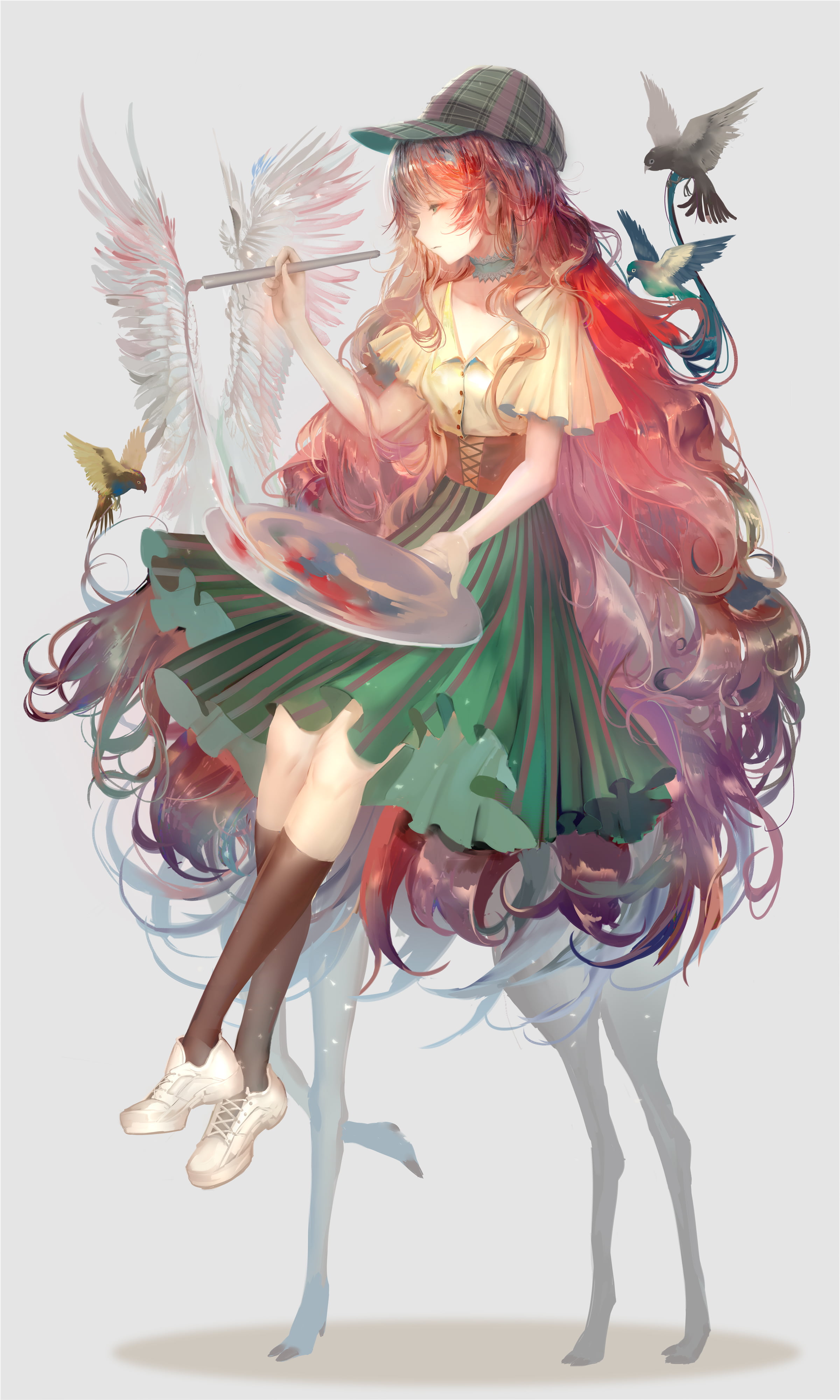 birds, illustration, 4K, anime girls, fantasy art, original characters, paintbrushes, white background, long hair, drawing, wings, skirt, painting, artwork, Phone HD Wallpaper