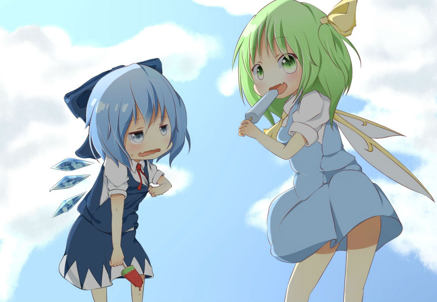 food, hair, eyes, bow, shirt, ribbons, touhou, daiyousei, blue, ponytail, girls, clouds, fang, akisha, skirt, green, sky, 720P, summer, popsicle, cirno, HD Wallpaper