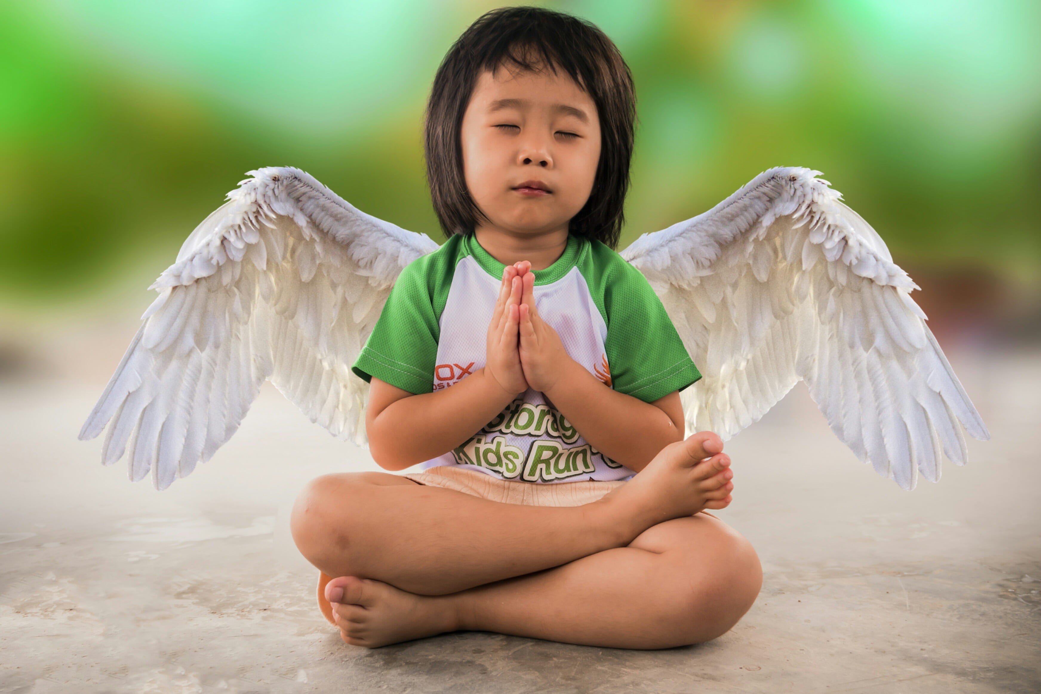 front view, animal wing, royalty, spirituality, wish, portrait, neck, offspring, animal body part, shirt, religious, green, contemplation, little girl, HD Wallpaper