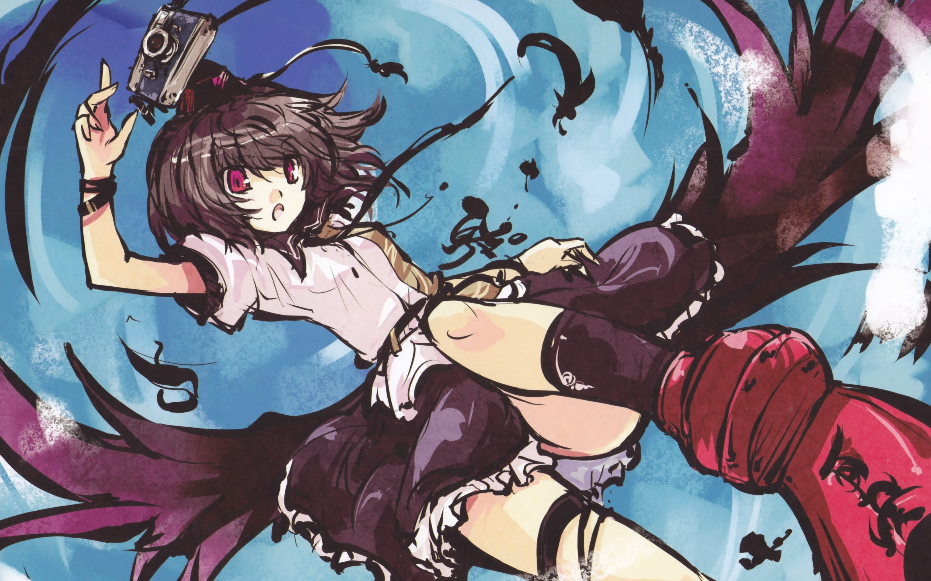 touhou, short, mouth, shirts, red, games, hair, hat, tie, shameimaru, aya, garters, hats, eyes, skyscapes, geta, flying, tengu, cameras, brunettes, open, HD Wallpaper