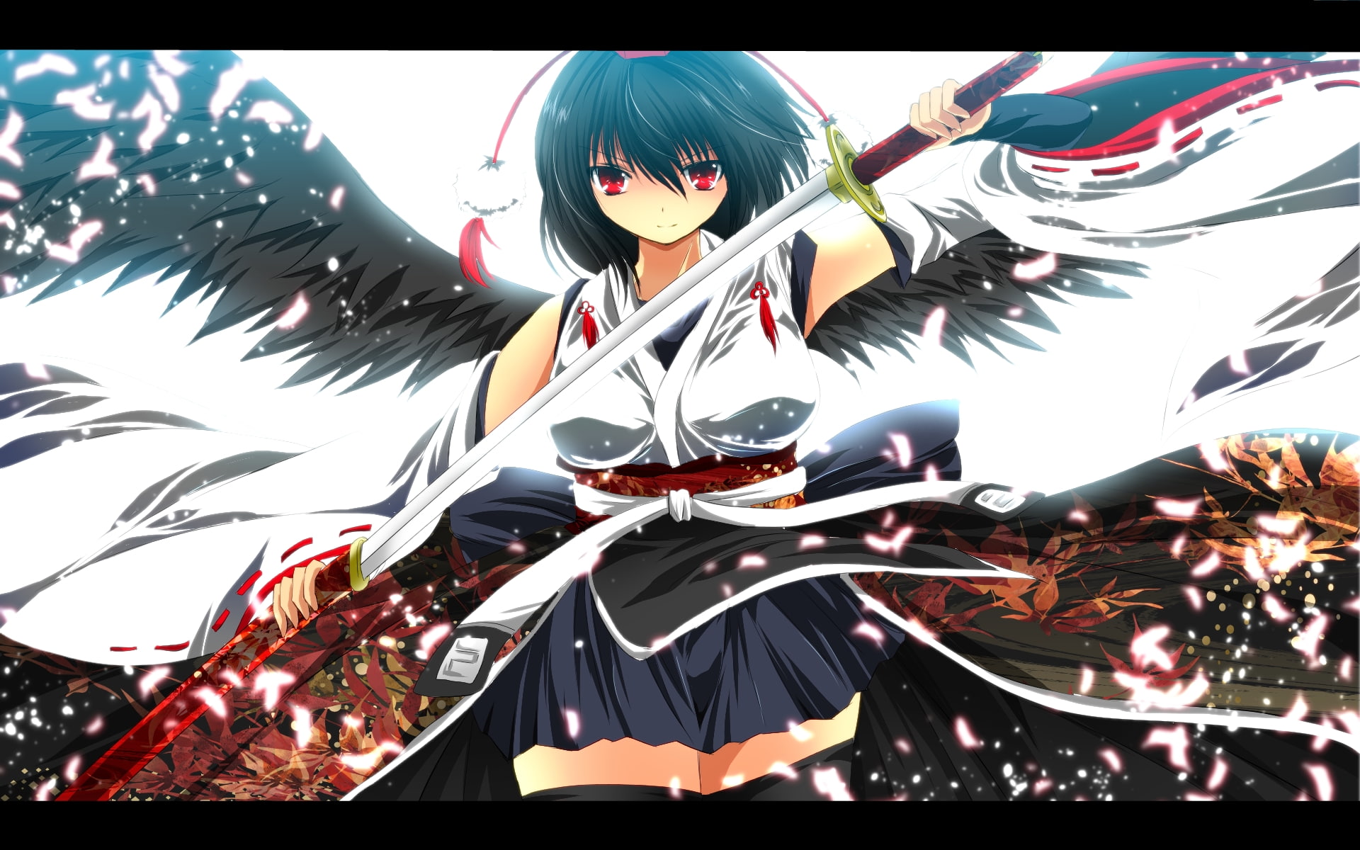 touhou, katana, hair, black, thighhighs, shirt, weapon, nekominase, wings, aya, autumn, shameimaru, sword, ribbons, hat, red, 1080P, eyes, skirt, petals, HD Wallpaper