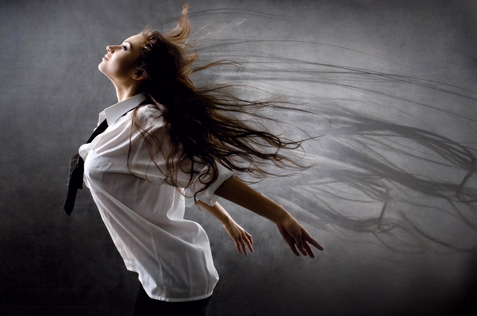 white, mood, tie, shirt, 1080P, brown hair, wings, shadow, makeup, girl, the flight of the soul, beautiful, hairstyle, pose, background, hair, hands, HD Wallpaper