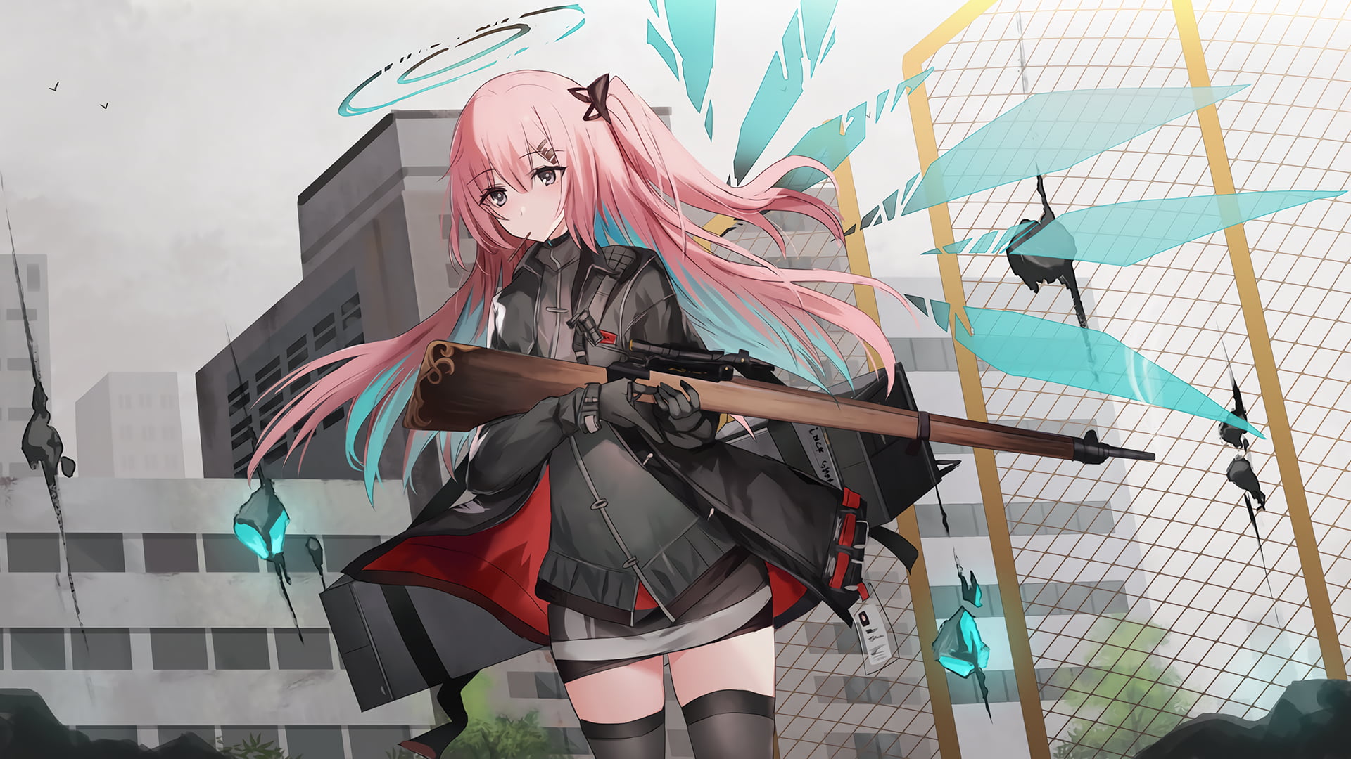 shirt, wings, weapon, long hair, skirt, fence, gloves, 1080P, anime girls, building, pink hair, HD Wallpaper