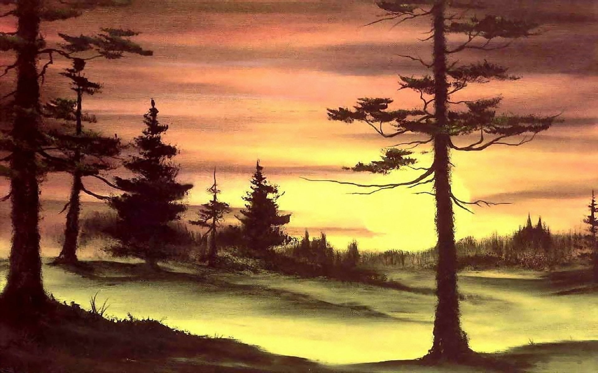 sunset, mountain, tranquil Scene, silhouette, woodland, landscape, dawn, the sun, pine Tree, summer, sun, no People, trees, tree, Bob Ross, fog, 1080P, HD Wallpaper