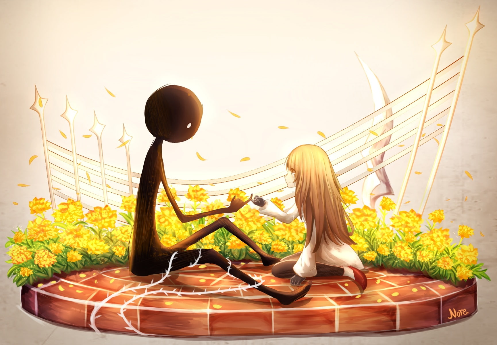 konachan, signed, 720P, com, hair, deemo, 245782, noreth, petals, flowers, girl, (deemo), brown, eyes, long, HD Wallpaper