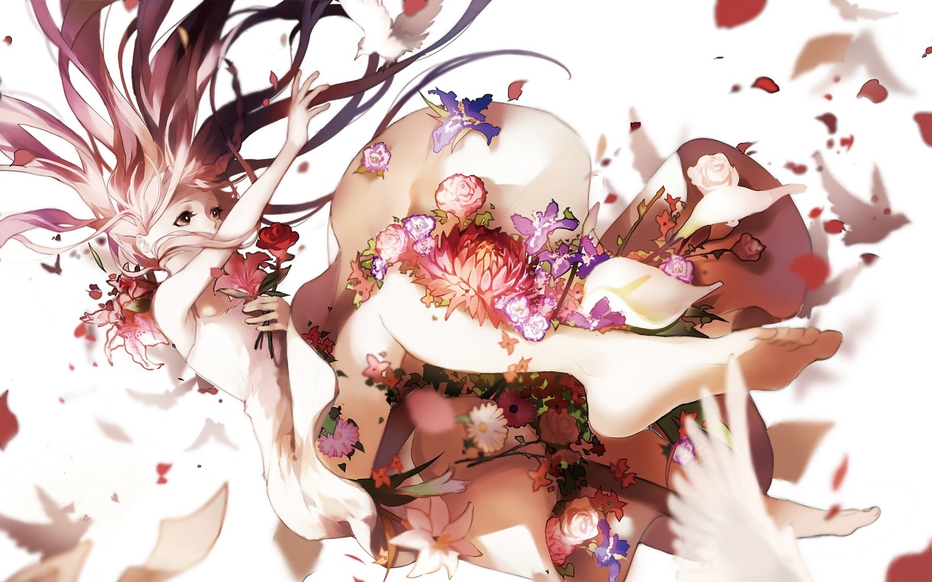 birds, Deemo, 1080P, flowers, dress, HD Wallpaper