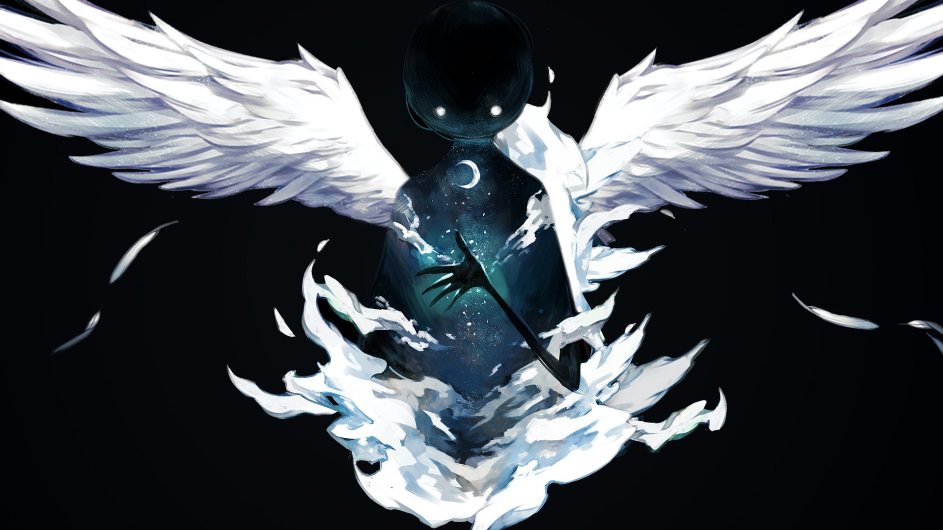 close-up, black color, abstract, silver colored, blue, motion, ink, Wings, black background, studio shot, 1080P, chemistry, science, Deemo, healthcare and medicine, HD Wallpaper