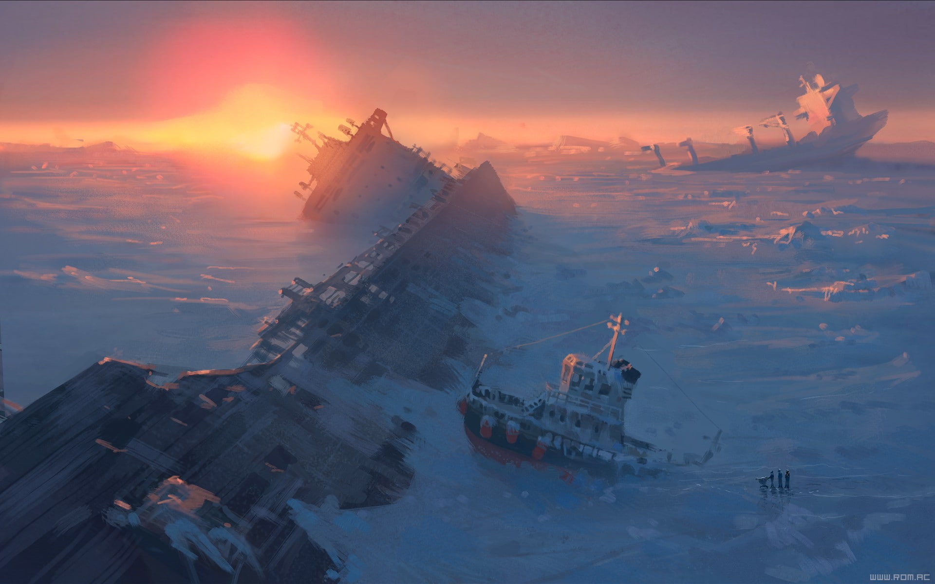 sunset, apocalyptic, frost, Vitaly S Alexius, ice, sea, ship, 1080P, shipwreck, HD Wallpaper
