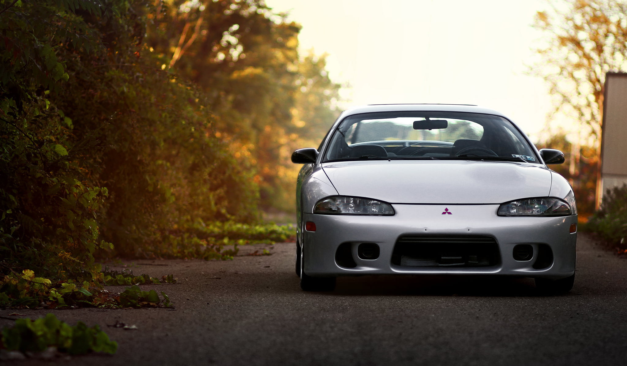 mode of transportation, land vehicle, car, plant, coupe, 1080P, sports utility vehicle, transportation, road trip, Mitsubishi, grey, autumn, Eclipse, street, HD Wallpaper