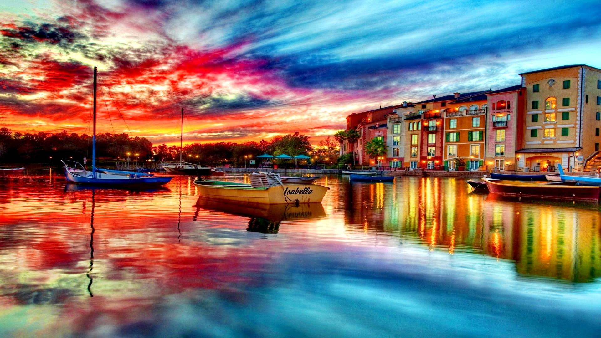 lights, isabella, 1080P, sunset, river, boats, city, HD Wallpaper