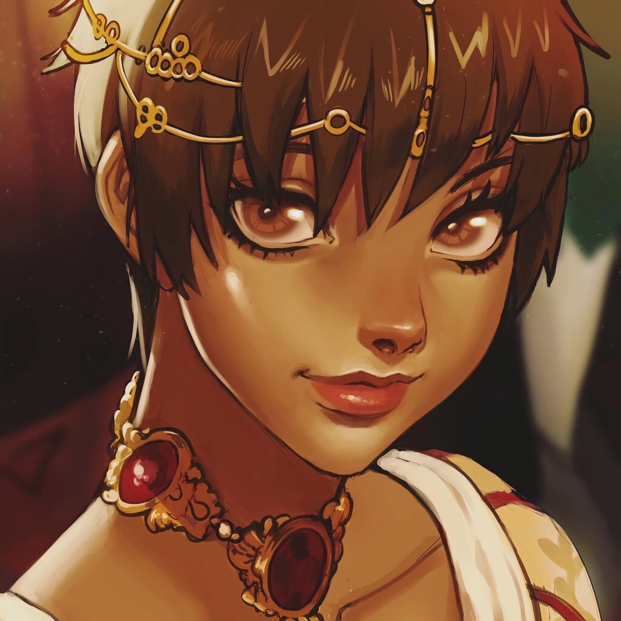 blurred, anime girls, brown eyes, 2D, juicy lips, looking at viewer, bangs, 1080P, dark skin, smiling, profile, Casca, short hair, Berserk, brunette, jewelry, Phone HD Wallpaper