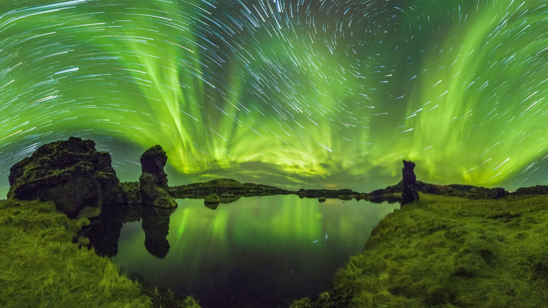 astronomy, night, tree, space, science, water, tranquil scene, beauty in nature, scenics - nature, NASA, green color, star - space, reflection, no people, HD Wallpaper