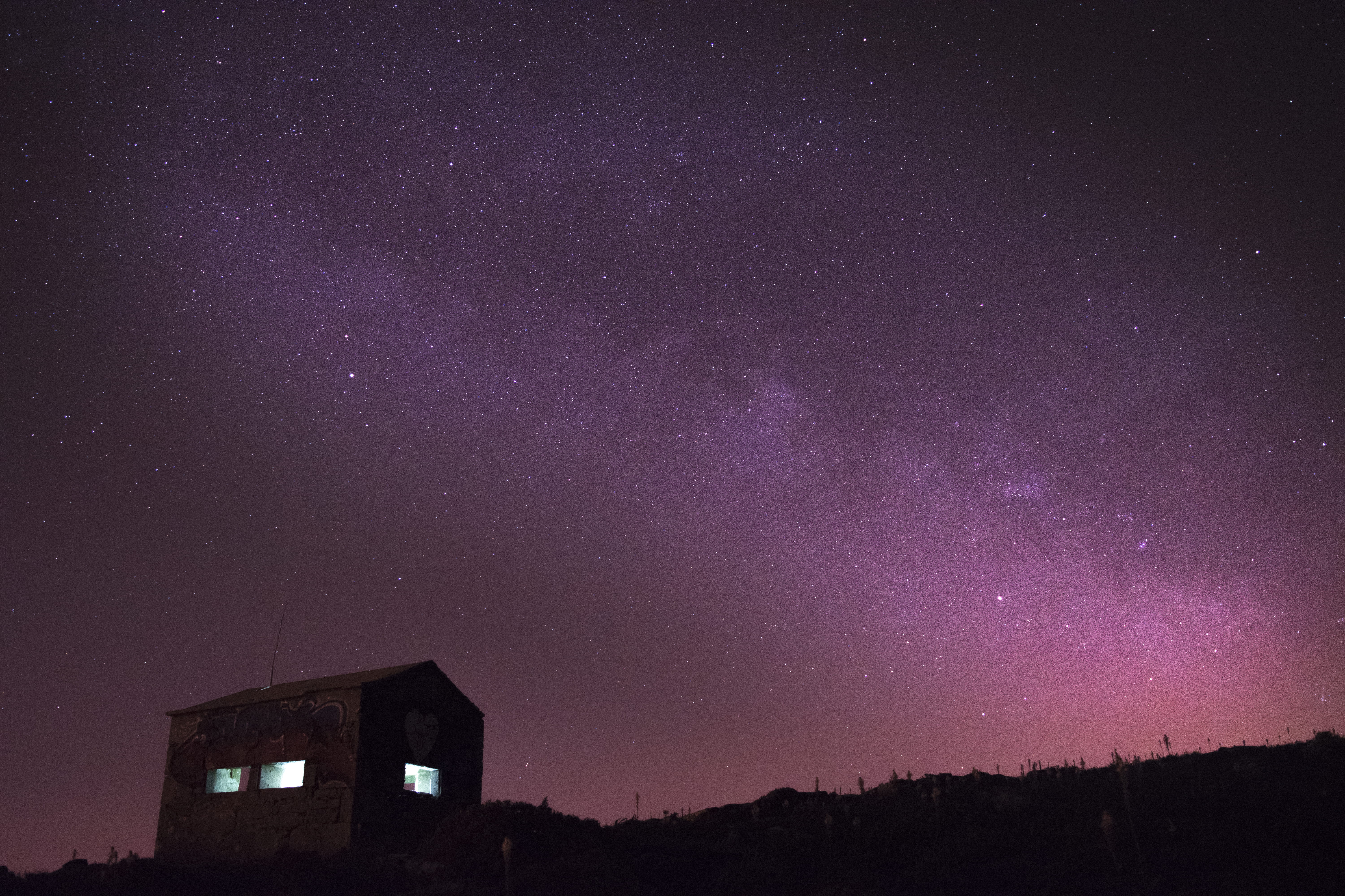 time, building, infinity, nature, estrella, star field, cabin, evening, sky, space and astronomy, milkyway, star, milky way, color, vigo, silhouette, outdoors, HD Wallpaper