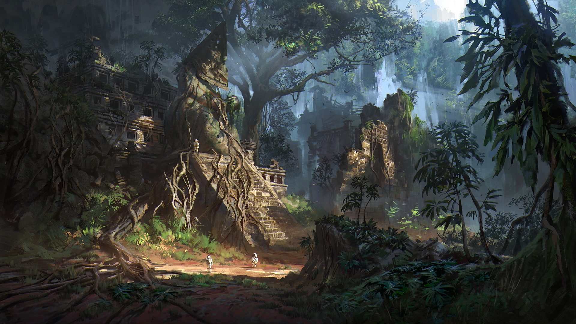 sunlight, forest, art, 1080P, ruins, desant, fantasy, fantastika, planeta, tree, HD Wallpaper