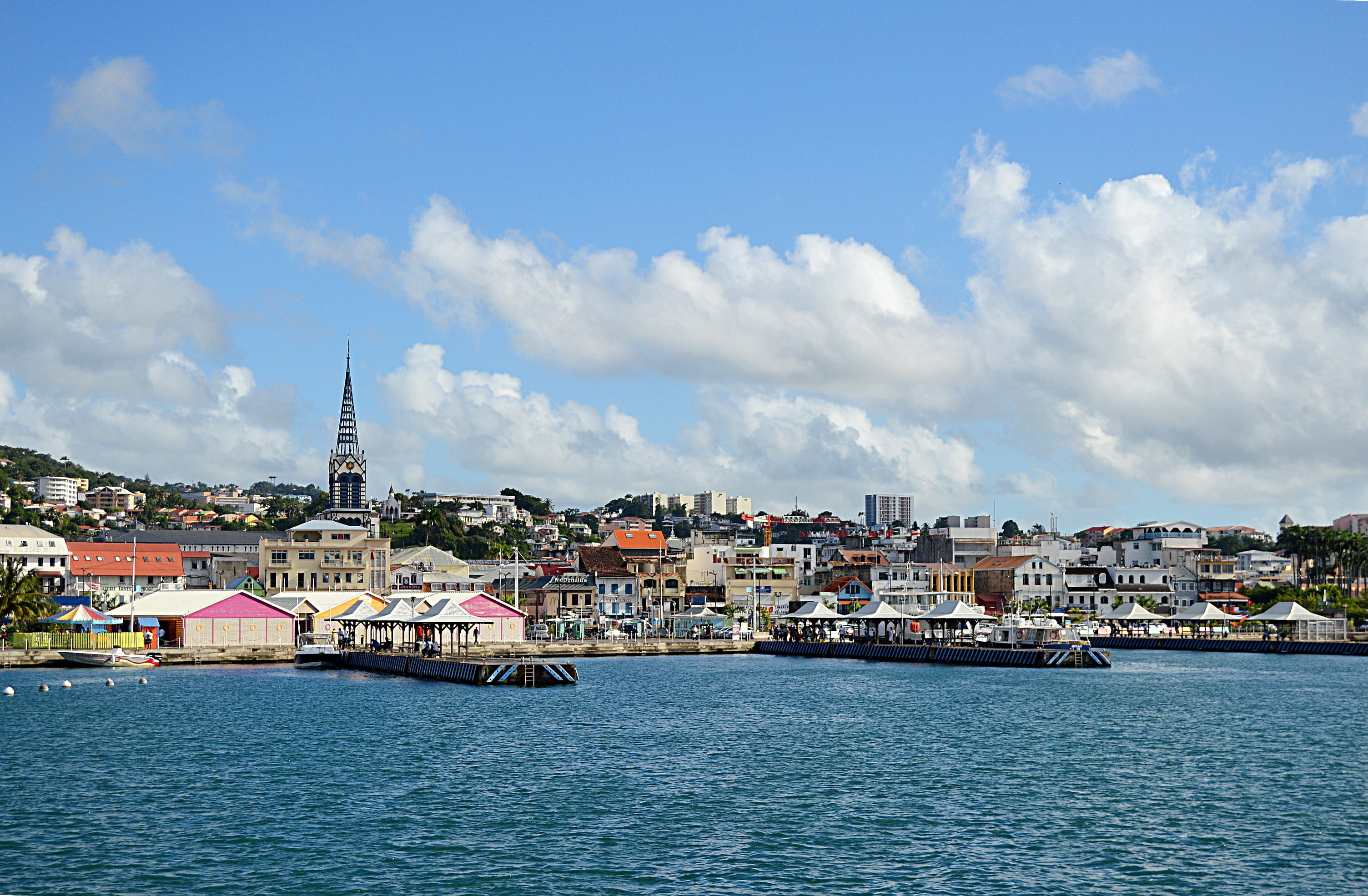 fort-de-france, cloud - sky, martinique, travel destinations, waterfront, place of worship, built structure, mode of transportation, building exterior, HD Wallpaper
