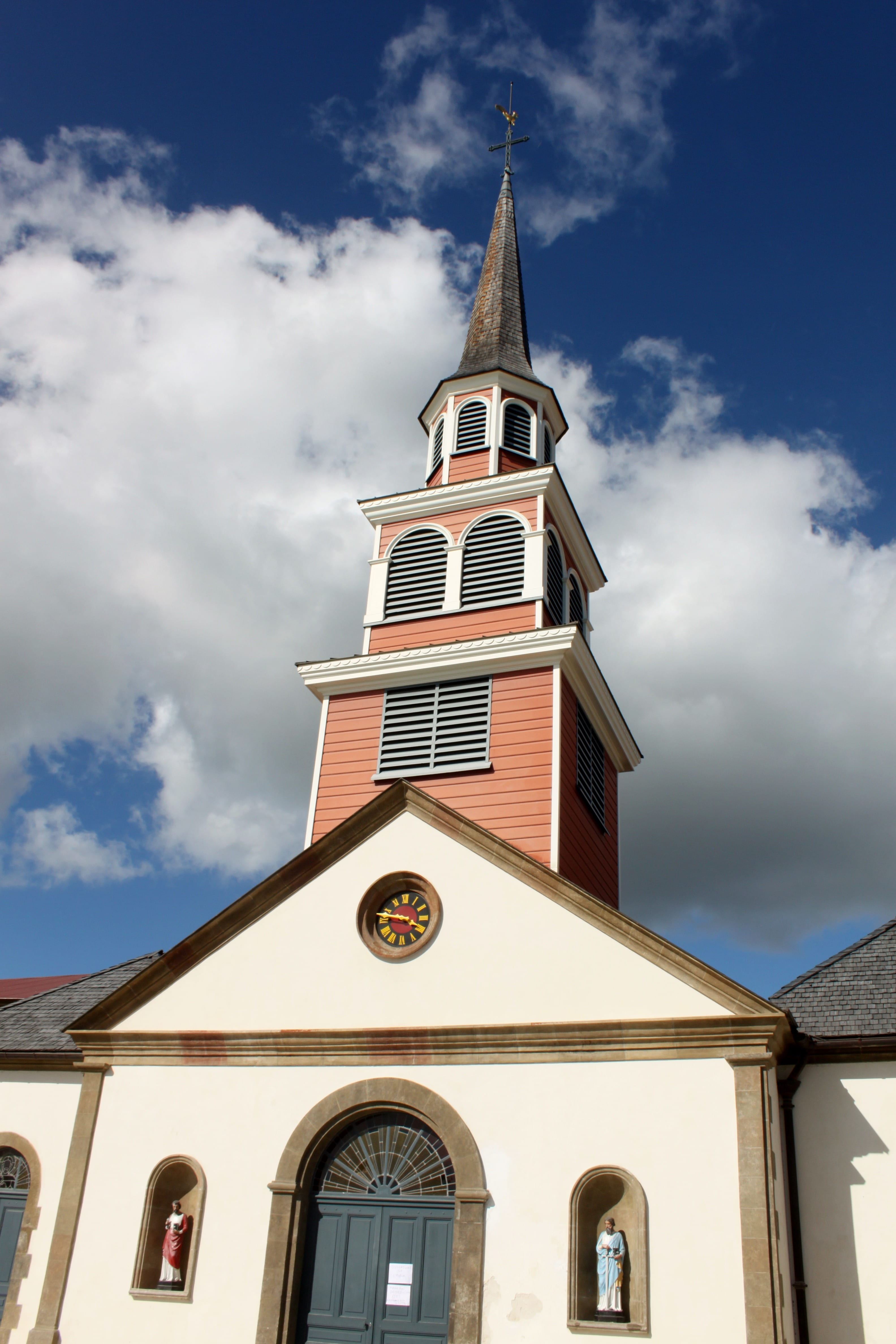 spirituality, church, nature, religion, spire, building exterior, clock, belief, no people, martinique, day, low angle view, outdoors, place of worship, Phone HD Wallpaper