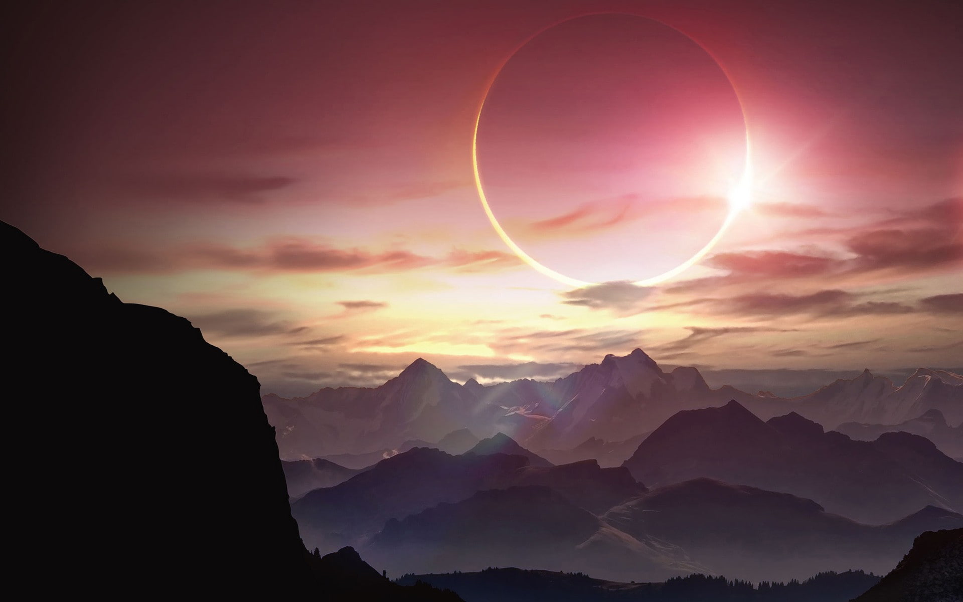 1080P, fantasy art, lights, artwork, landscape, solar eclipse, Sun, mountains, eclipse, HD Wallpaper