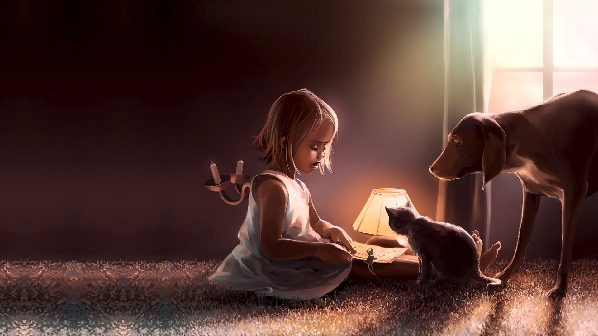 cat, 1080P, friends, book, Cyril Rolando, the game, the evening, childrens, Coexistence, dog, mouse, art, tale, HD Wallpaper