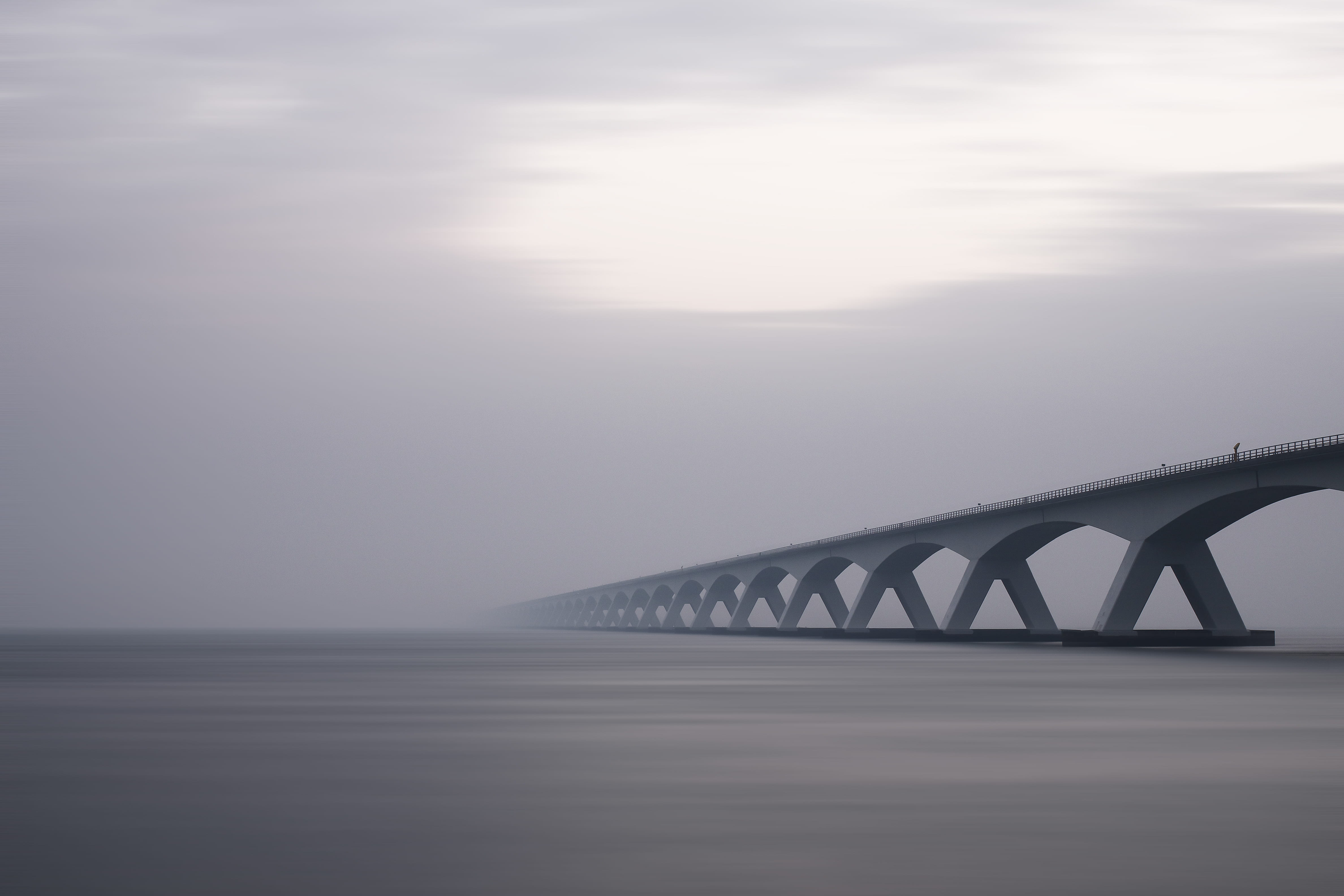 overcast, river, beauty in nature, sky, foggy, tranquility, water, metal, structure, nature, day, scenics - nature, conjunction, bridge, black and white, HD Wallpaper