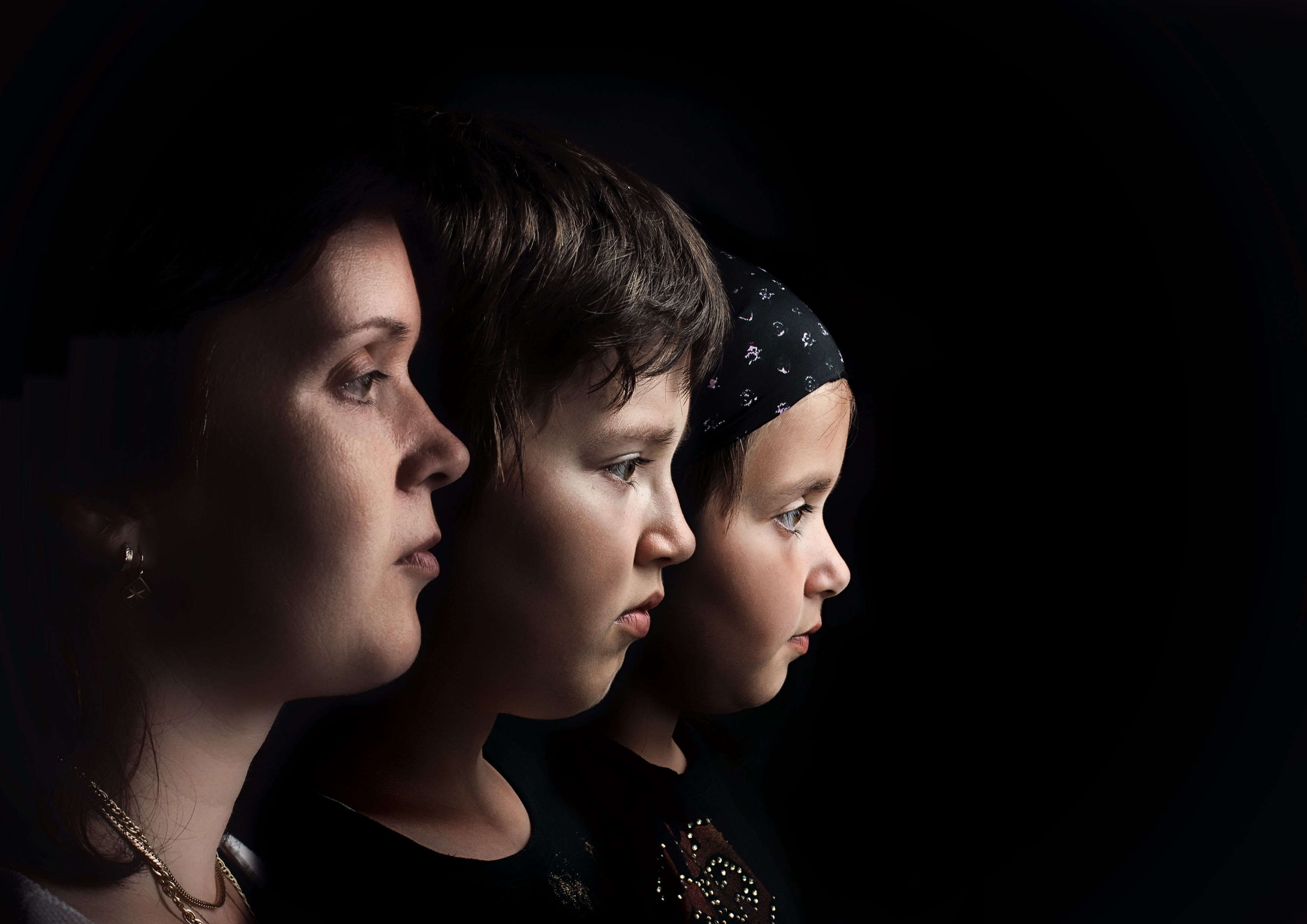 girls, indoors, looking away, close-up, black background, studio shot, in conjunction with the, profile view, family, togetherness, headshot, adult, child, HD Wallpaper
