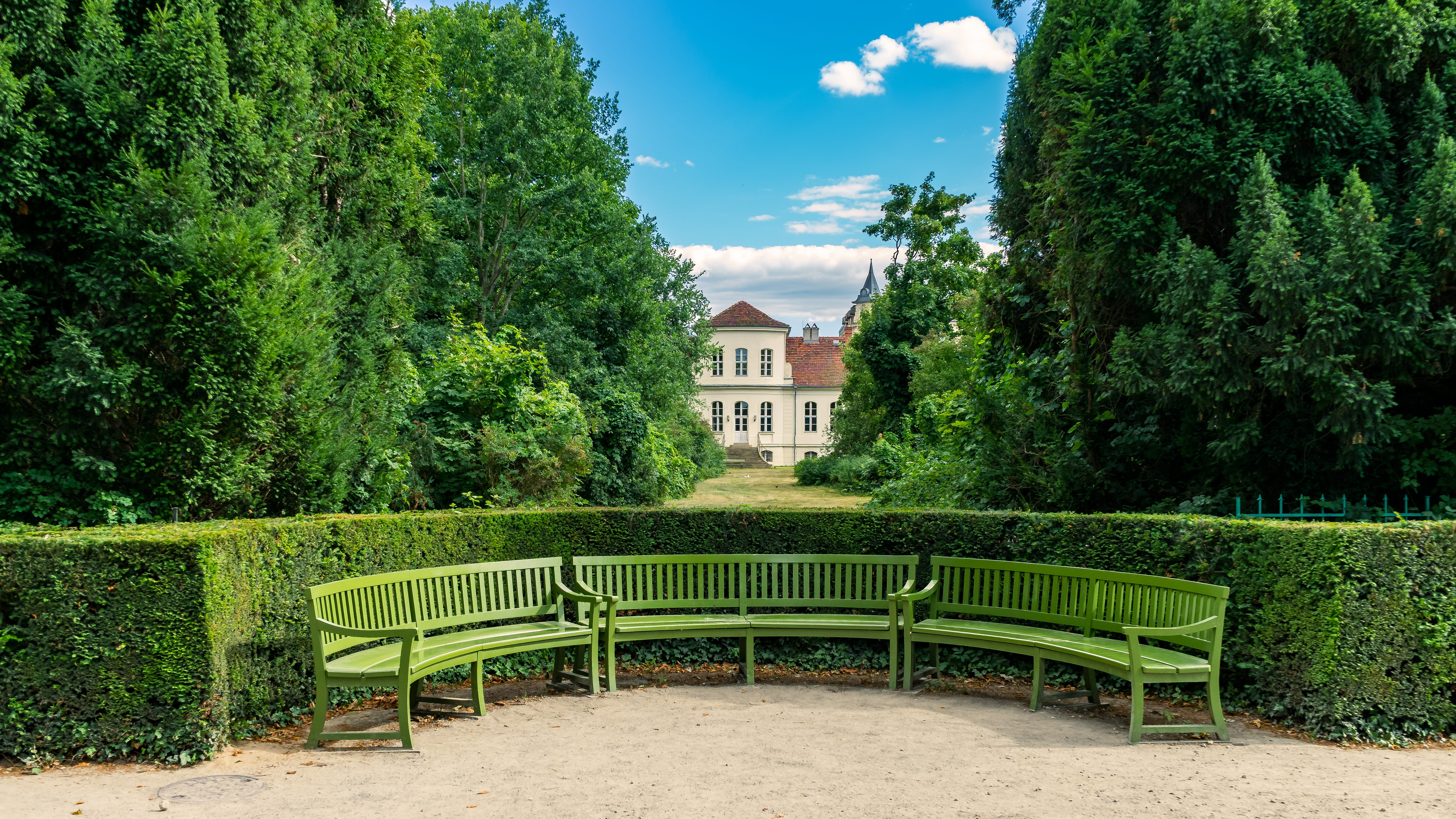 residential district, mansion, wooden bench, house, bench, 5K, building exterior, no people, seat, nature, building, break, garden, plant, outdoors, bank, HD Wallpaper